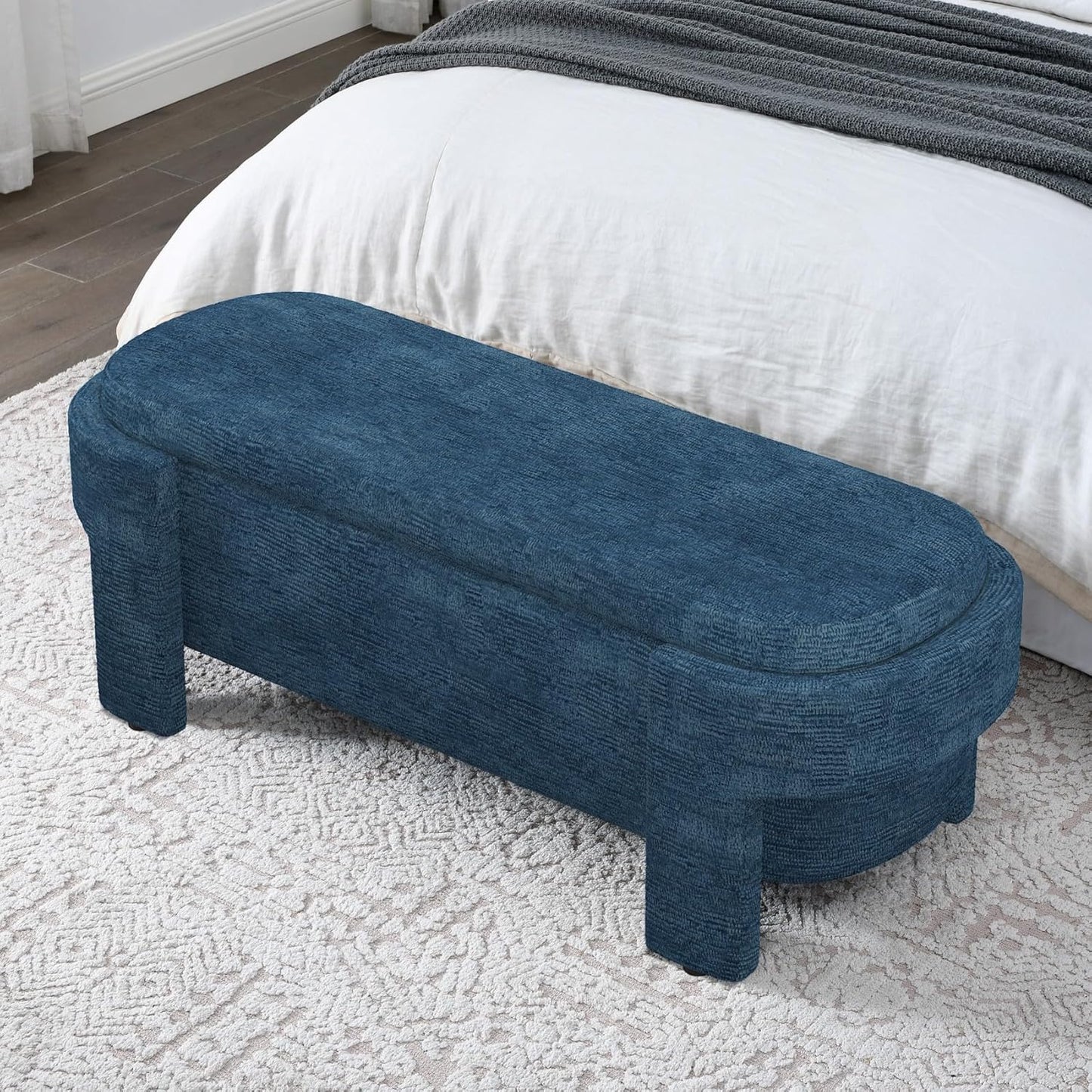 KEIKI 51" Linen Ottoman Bench with Large Storage Space, Upholstered Seating Foot Rest Stool Furniture for Bedroom, Living Room, Entryway, Dark Blue