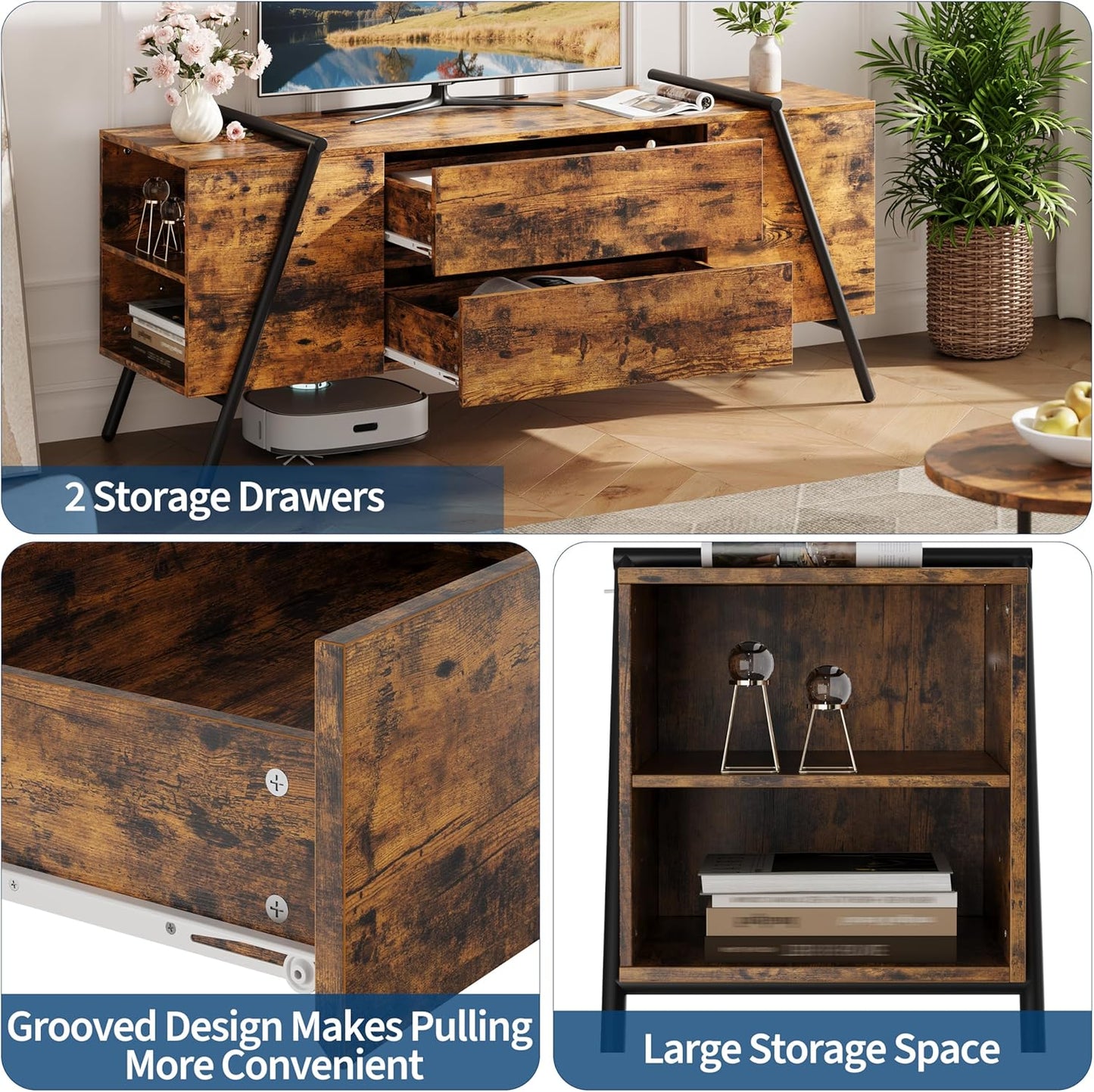 GarveeHome 55" Modern TV Stand with 2 Drawers, Adjustable Shelves, U-Shaped Metal Legs, Farmhouse Entertainment Center, Wooden TV Console for Living Room, Bedroom, Amber Oak