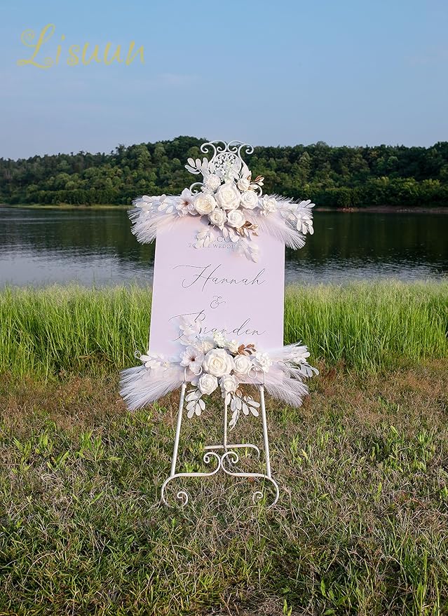 Wedding Arch Flowers, Artificial Floral Decor for Wedding Ceremony & Reception, Standard Size Large Flower Swag Set for Backdrop & Welcome Sign, Pack of 2 (White Pampas)