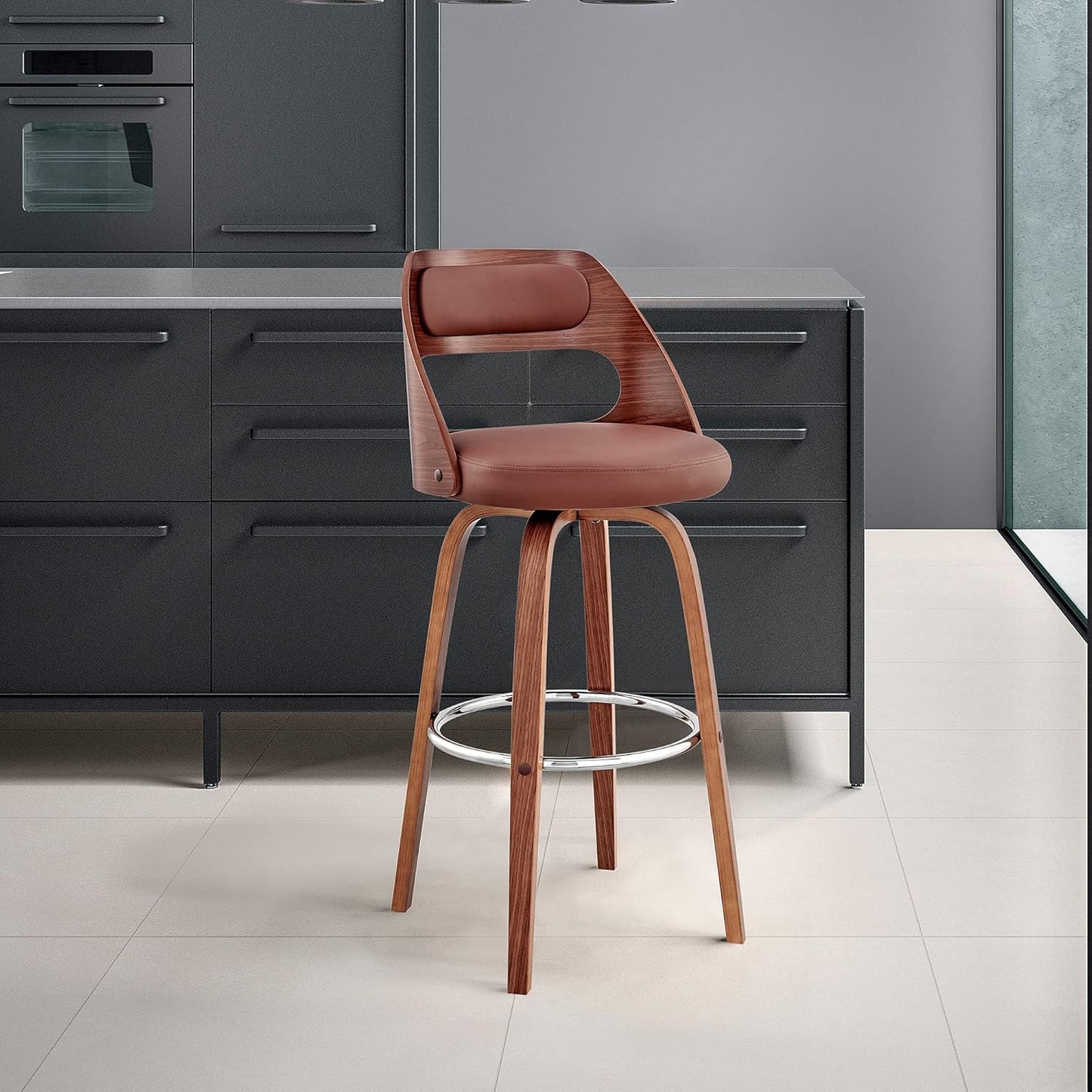 Armen Living Julius Mid Century Modern Swivel Bar Stool for Kitchen Island Counter in Brown Faux Leather and Walnut Wood, 26" Seat Height
