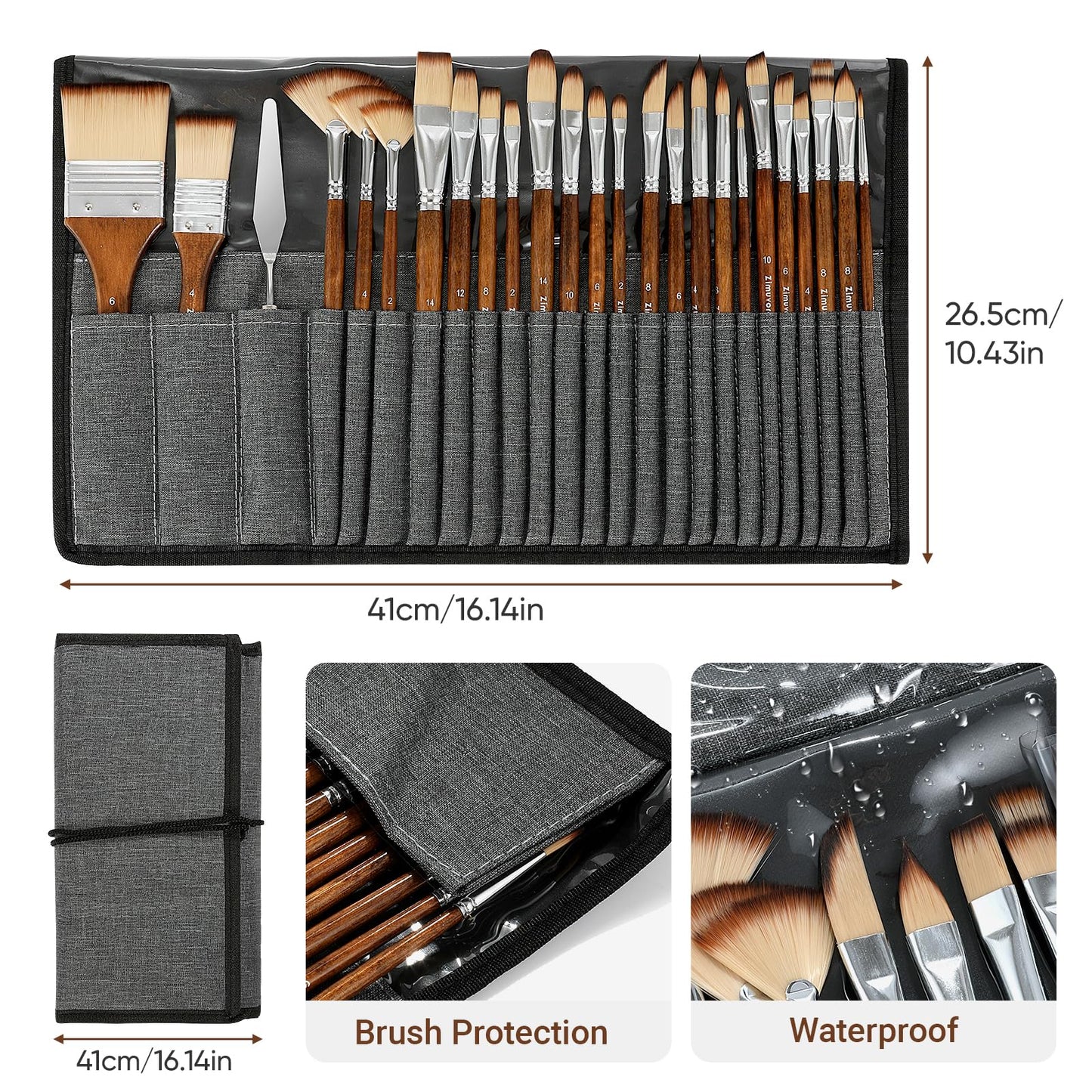 Zimuvora 25pcs Paint Brush Set, Professional Paint Brush Set with Cloth Roll and Paint Spatula, Nylon Brushes for Acrylic Painting,Watercolor,Oil,Gouache, Art Supplies for Beginners and Artists (Wood)