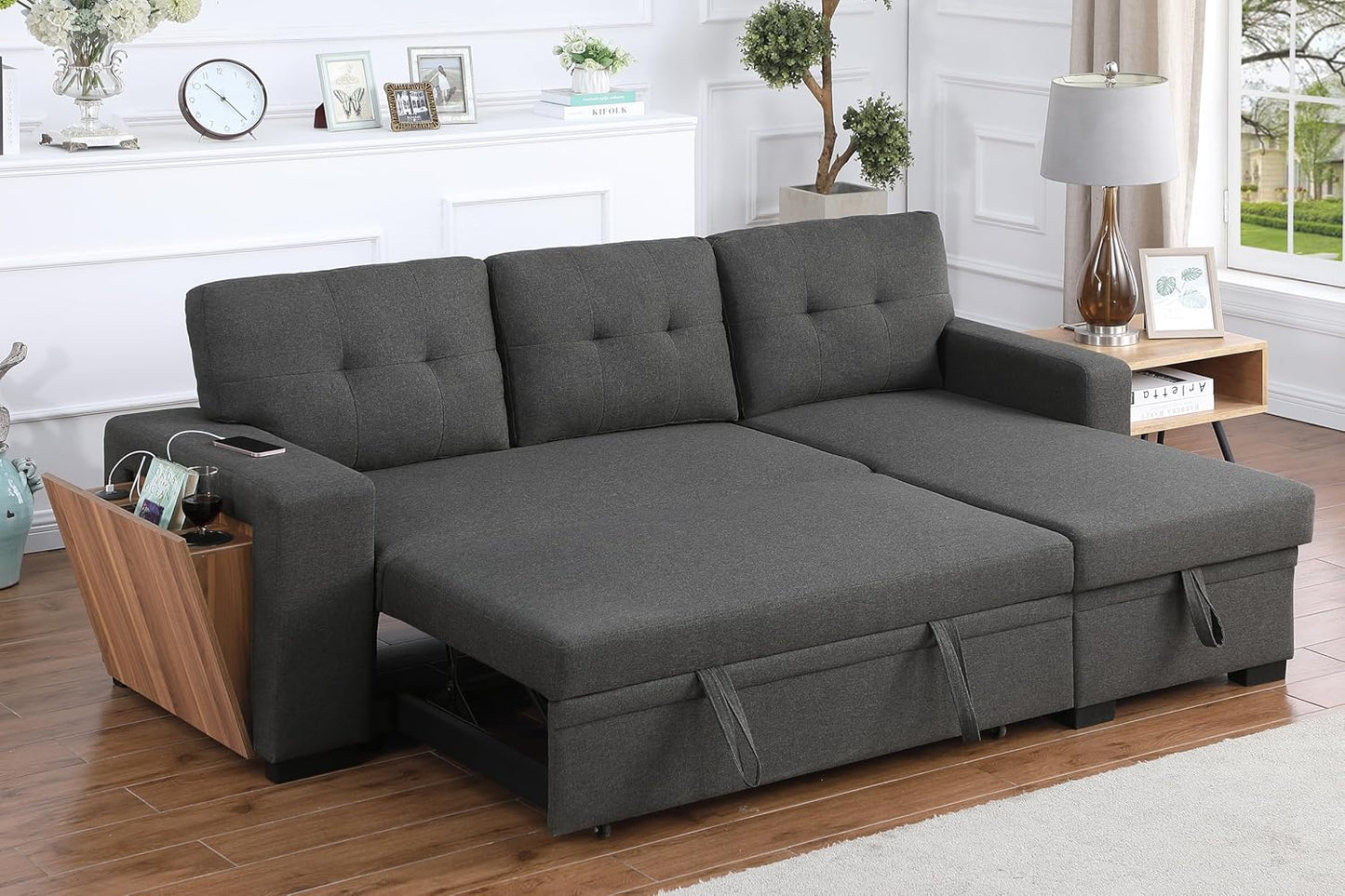 Devion Furniture Maison 4-in-1 Convertible L Shaped Couch with Pull Out Bed and Storage, Sectional Sleeper Sofa with Reversible Chaise for Living Room, Apartment, Bedroom, Office