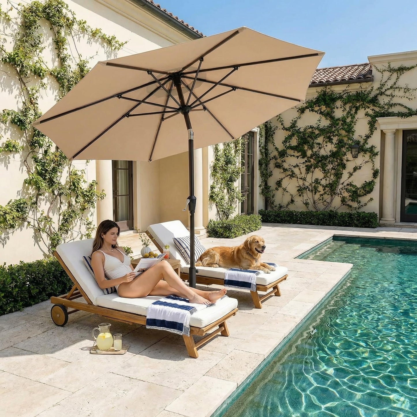 Kingdura 9FT Outdoor Patio Umbrella, Market Table Umbrella with Push Button Tilt and Crank, 8 Sturdy Fiberglass Ribs, UV Protection for Pool, Lawn, Deck, Backyard, Garden (Beige)