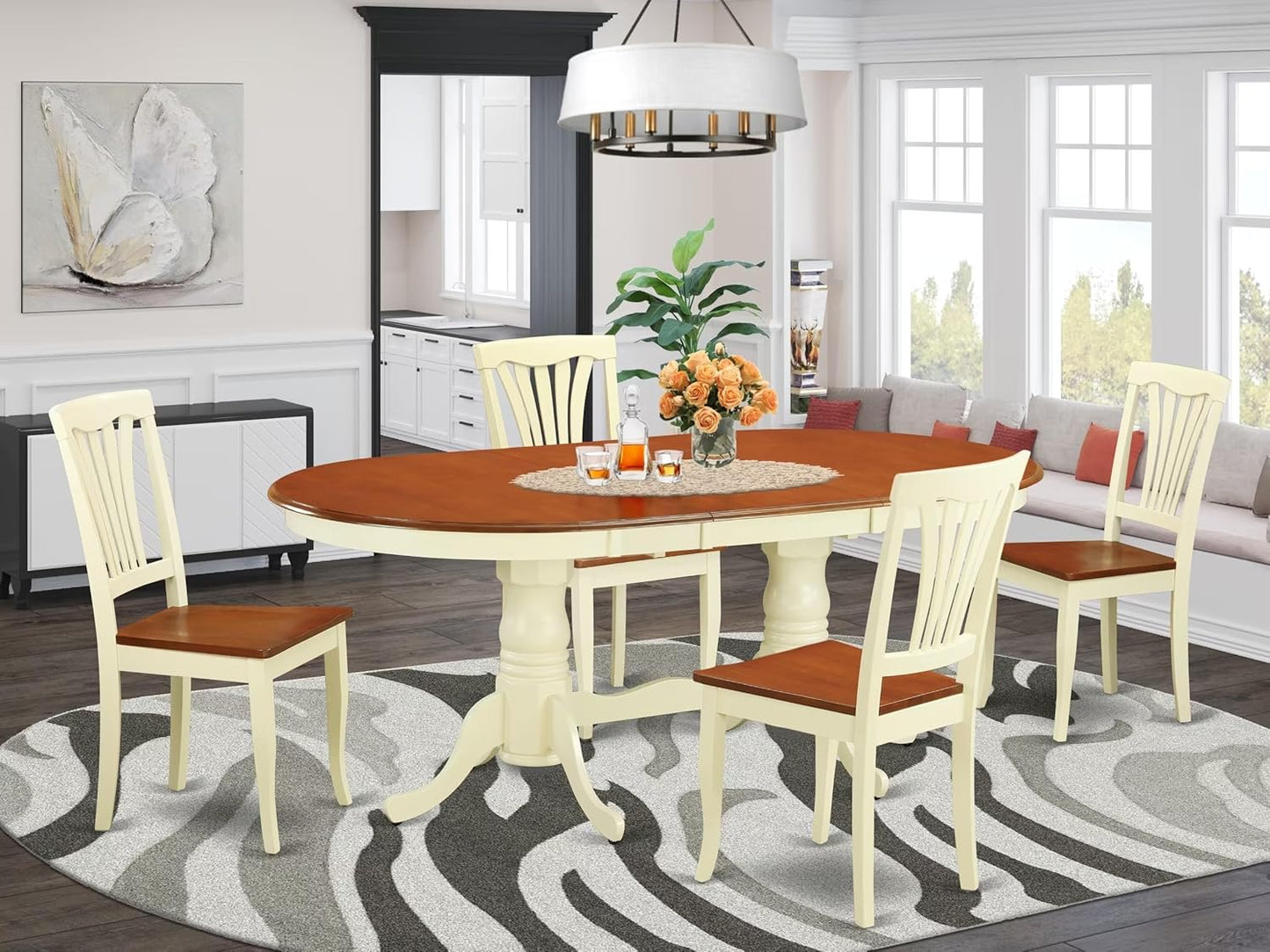 East West Furniture PLAV5-WHI-W 5 Piece Dining Room Table Set Includes an Oval Kitchen Table with Butterfly Leaf and 4 Dining Chairs, 42x78 Inch, Buttermilk & Cherry
