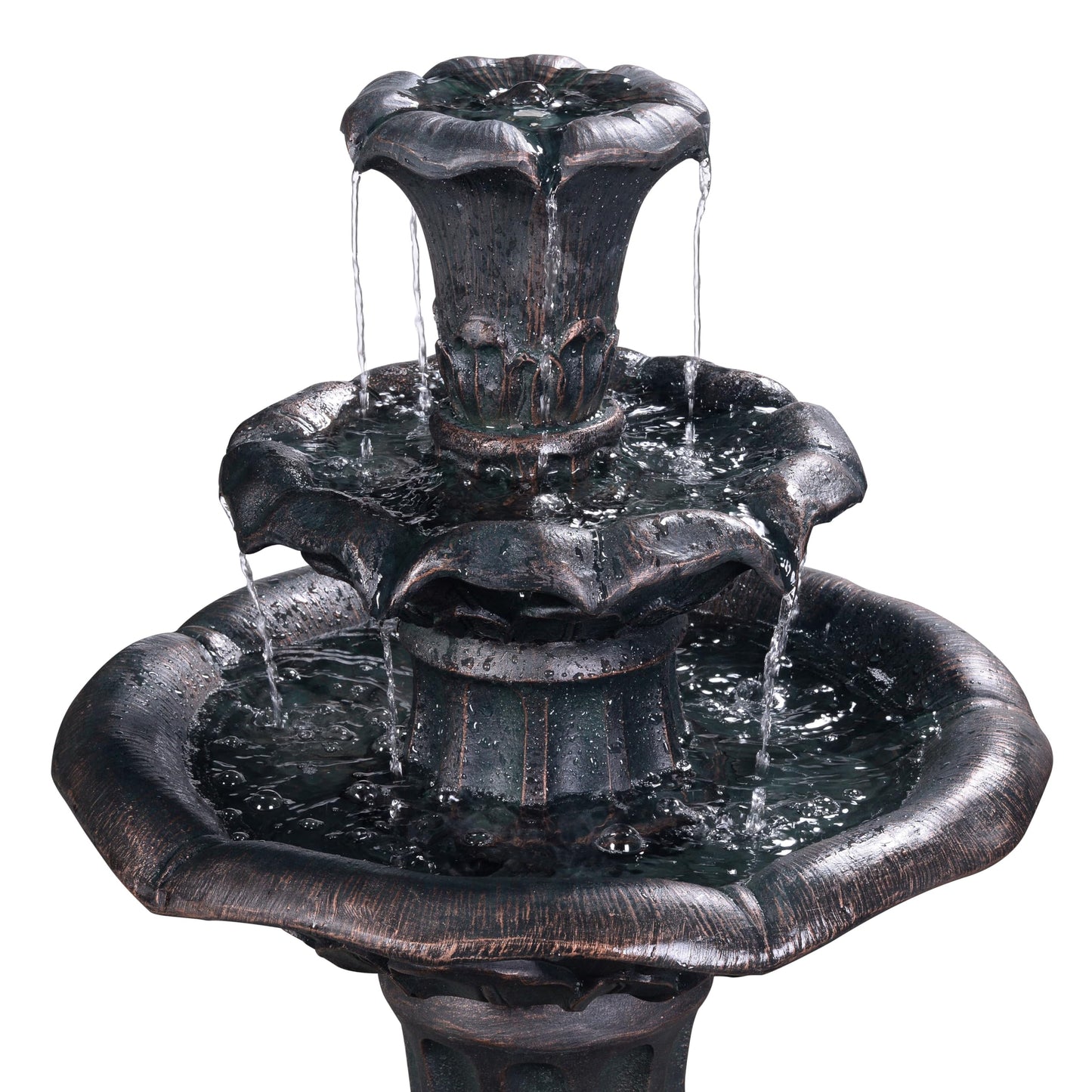 Teamson Home Lily Flower Floor Pedestal 3 Tiered Floor Waterfall Fountain with Pump for Outdoor Patio Garden Backyard Decking, 38 Inch Height, Dark Gray