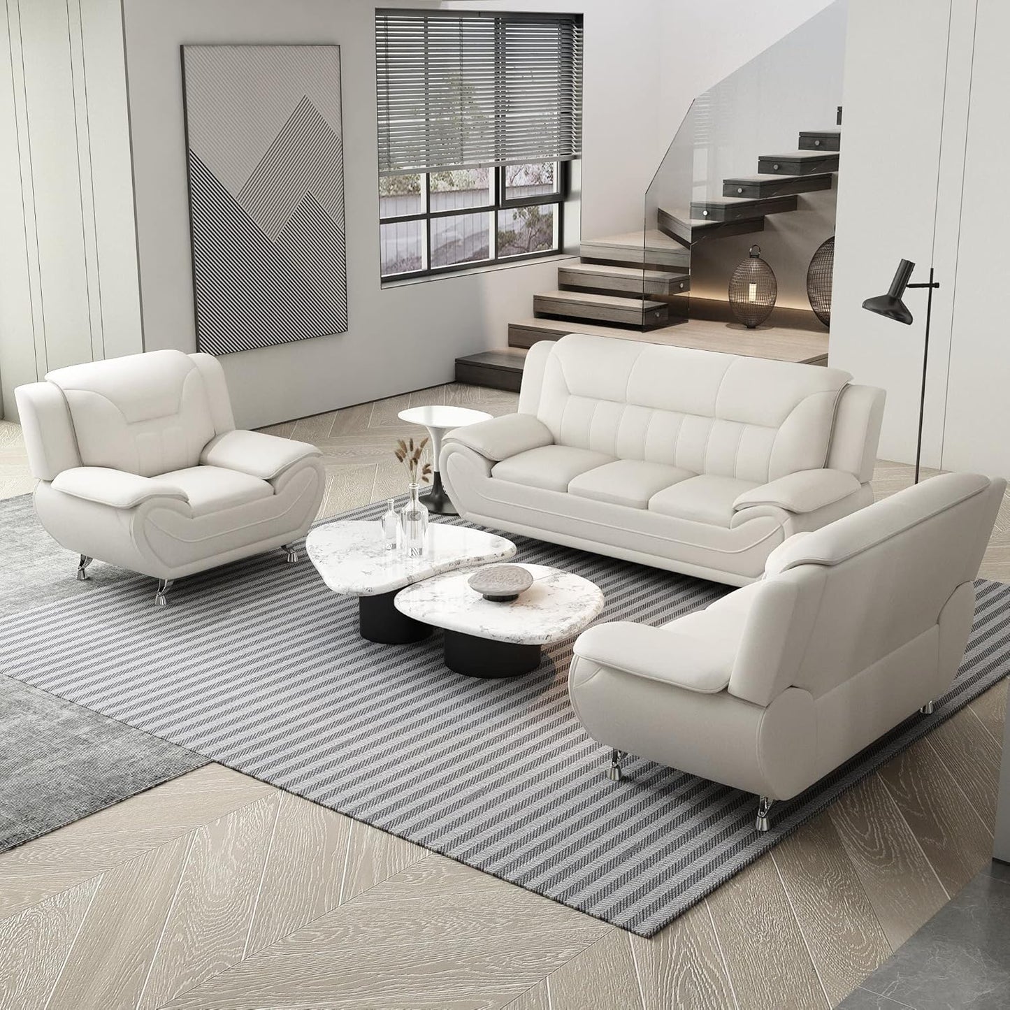 Container Furniture Direct Michael Modern Faux Leather Upholstered Stainless Steel Legs Living Room, Chair, Milky White