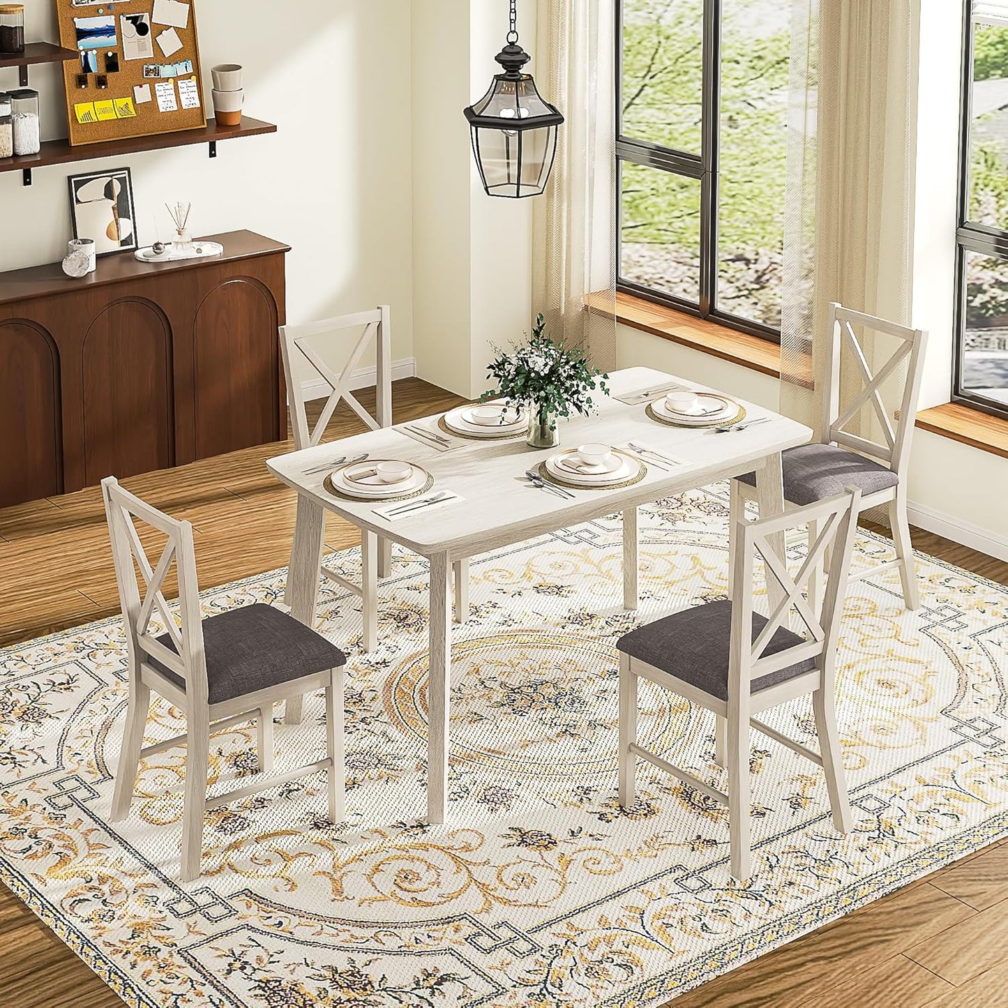Solid Wood Dining Chairs Set of 2, Farmhouse Chairs with High Cross Back and Upholstered Seat, Easy Assembly for Dining Room, Kitchen, Washed Gray