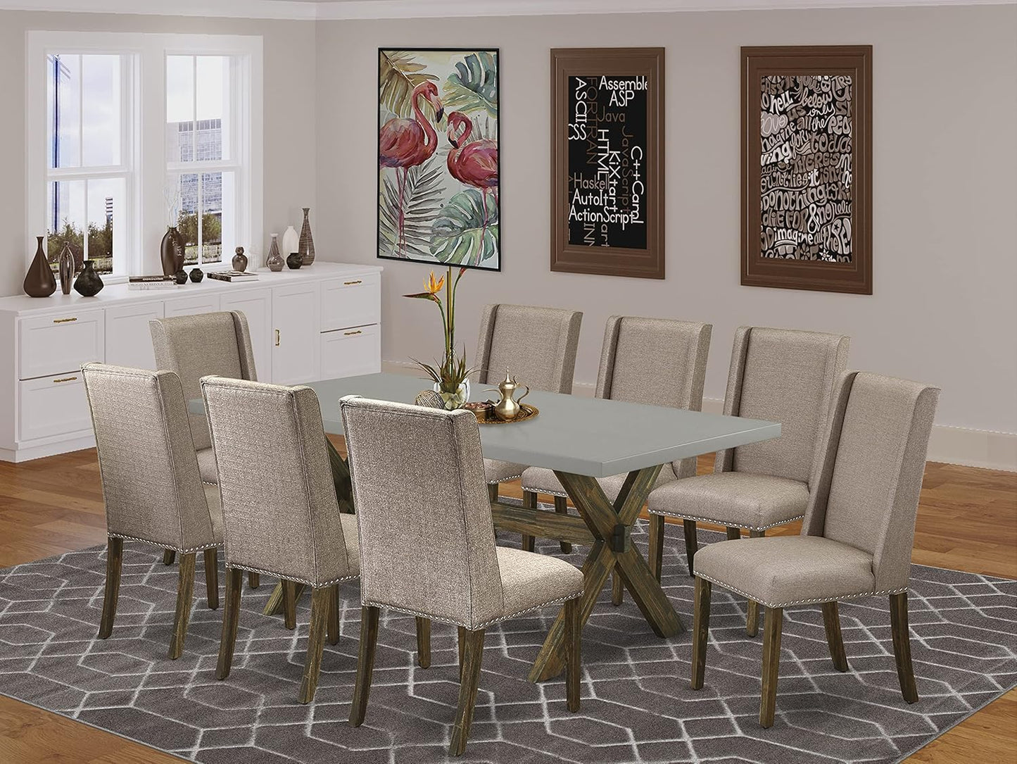 East West Furniture X797FL716-9 9 Piece Dining Set Includes a Rectangle Dining Room Table with X-Legs and 8 Dark Khaki Linen Fabric Upholstered Parson Chairs, 40x72 Inch, Multi-Color