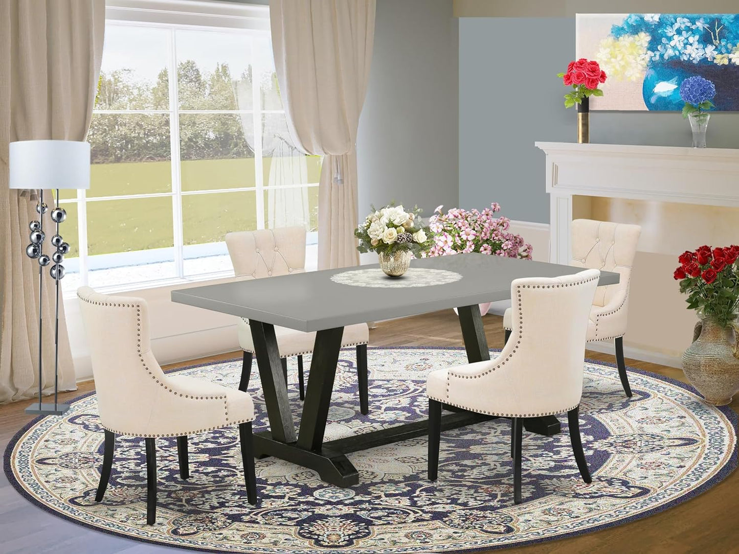 East West Furniture V697FR102-5 5 Piece Dining Set Includes a Rectangle Dining Room Table with V-Legs and 4 Light Beige Linen Fabric Upholstered Chairs, 40x72 Inch, Multi-Color