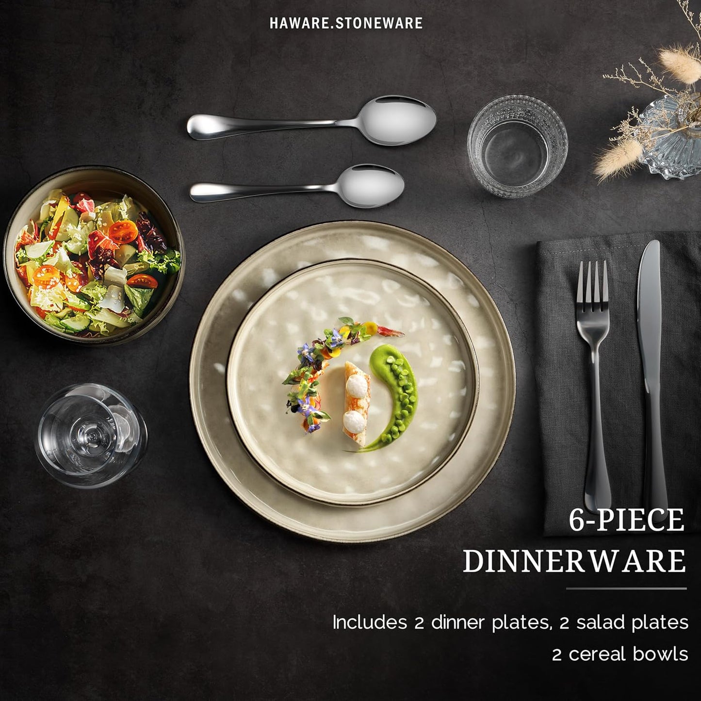 HaWare Dinnerware Sets, 6-Piece Plates and Bowls Set, Stoneware Dish Set for 2, Ceramic Dinnerware for Home Restaurant, Chip and Scratch Resistant, Microwave and Dishwasher Safe, Saturn Khaki