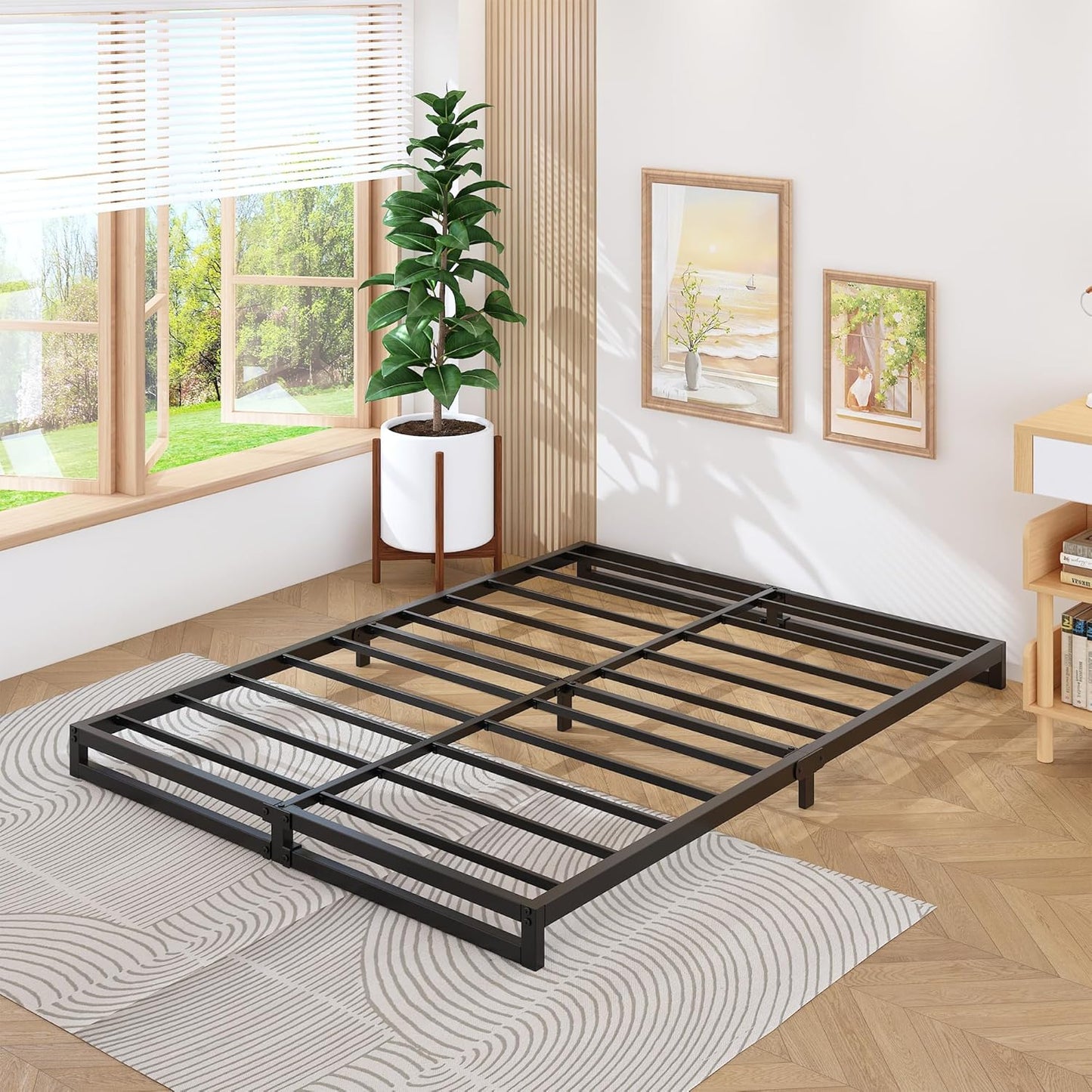 6 Inch Bed Frame Queen Size Heavy Duty Steel Slat Support Metal Platform Queen Bed Frame No Box Spring Needed, Easy Assembly, Black