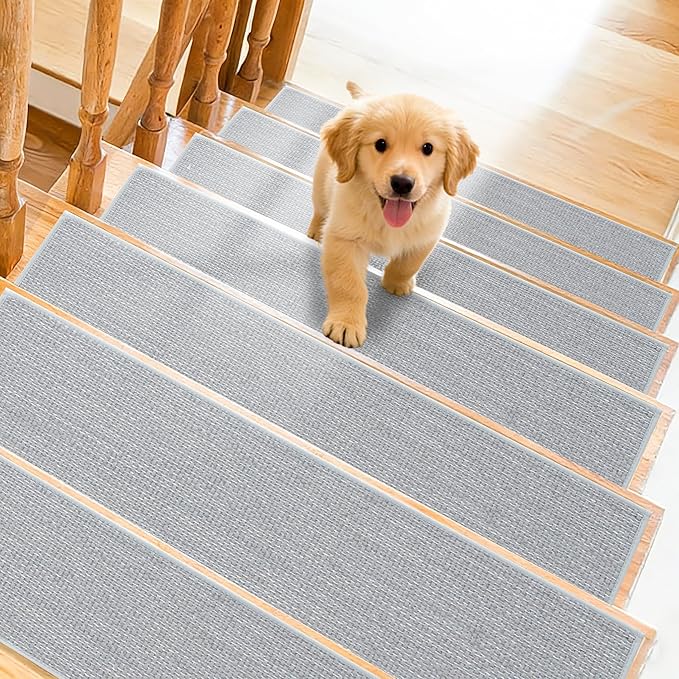 Art3d Stair Treads for Wooden Steps 15Pcs, 8" X 30" Non Slip Stair Runner Rugs with Reusable Adhesive for Elders Kids and Dogs, Machine Washable Peel and Stick Stair Treads Carpet, Gray