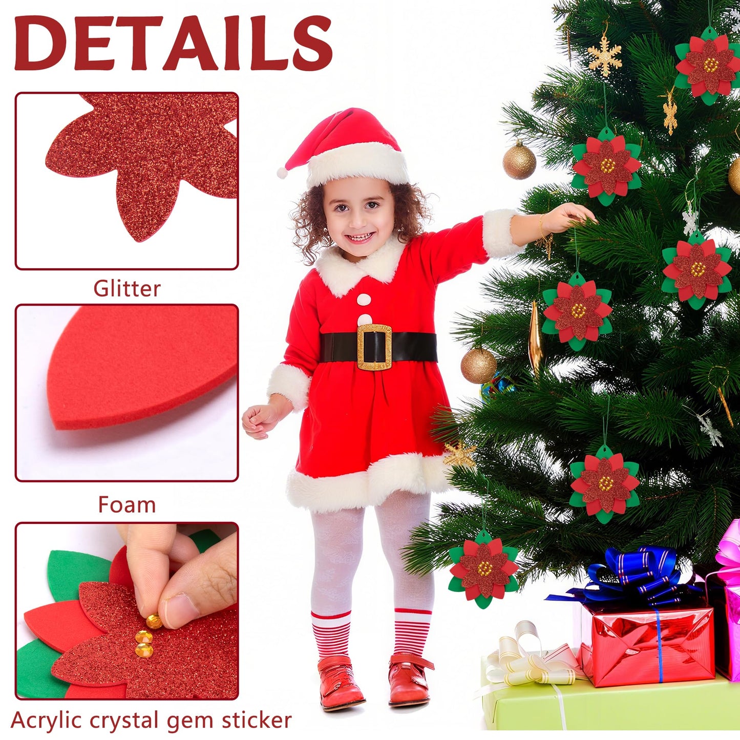 LFUTARI 30 Pcs Christmas DIY Poinsettia Flowers Craft, Foam Poinsettias Flower Ornaments, Christmas Glitter Red Flowers DIY Decoration for Holiday Home Party Tree Garland Wreath Porch Stair Decor