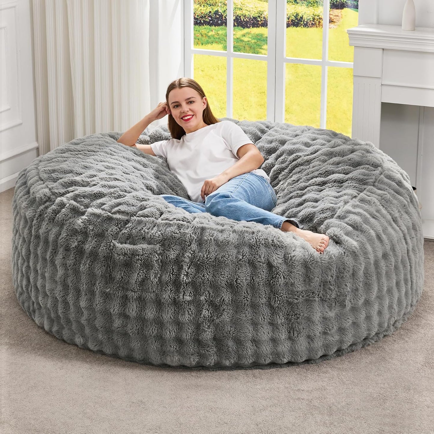 Hobestluk Bean Bag Chairs 5ft Beanbag Chair with Filler Adult Bean Bags with Fluffy & Machine Washable Cover, Giant Bean Bag Chairs for Adults (Grey, 5FT-50" x 50" x 24")