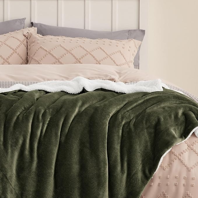 Bedsure GentleSoft Sherpa Fleece Throw Blanket Twin Size for Couch - Thick and Warm Throw for Women and Men, Soft Fuzzy Plush Twin Blanket for Winter, Non-Heated, Olive Green, 60x80 Inches