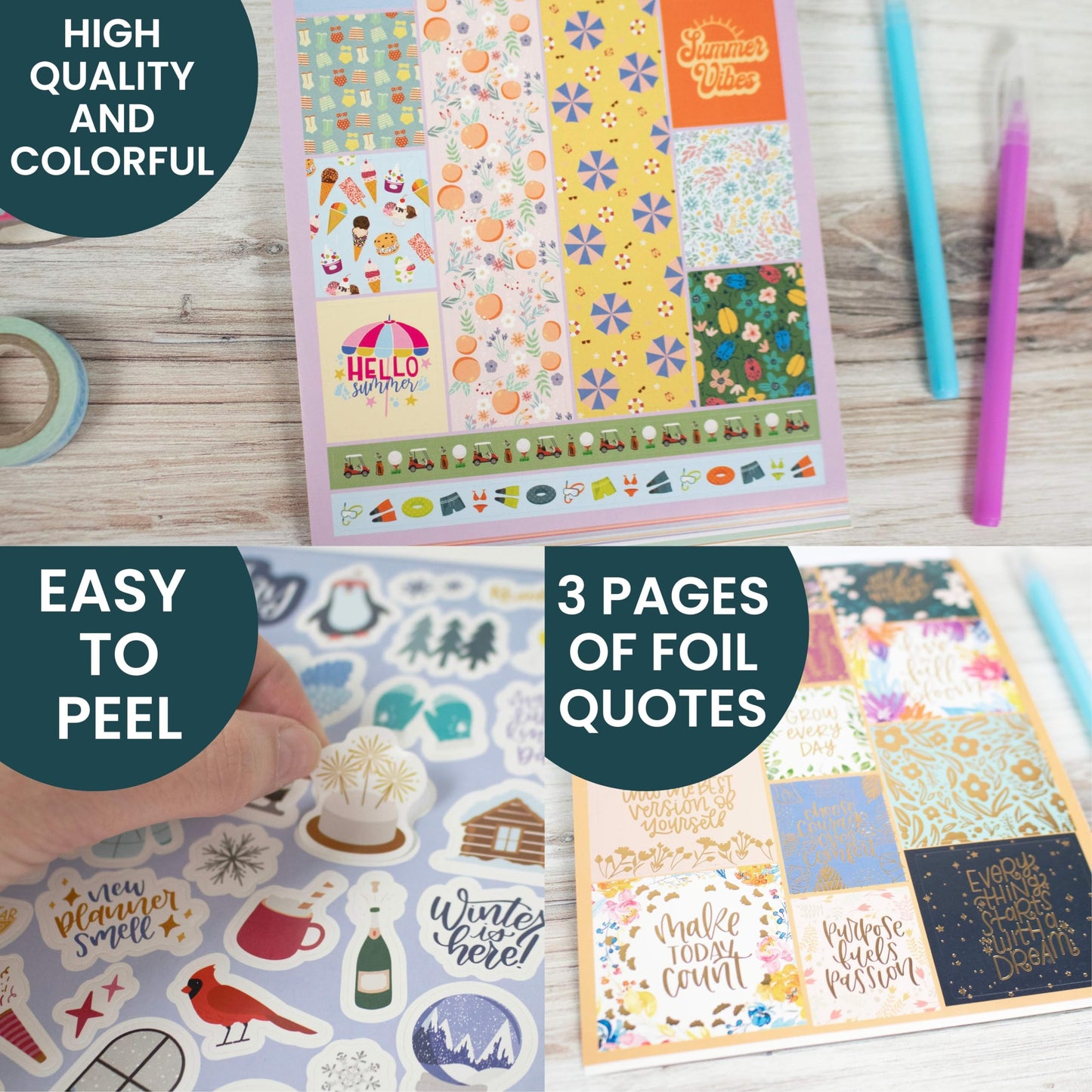 bloom daily planners 40 Page Mega Planner Sticker Pack (1500+ Stickers) - 6” x 9” Bound Ultimate Variety Sticker Book with Foil - Seasons, Celebrations, Holidays, Food, Travel, Quotes & More - Vol. 1