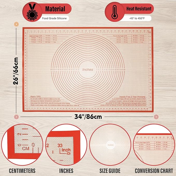 Silicone Pastry Mat 34x26 Inch Nonstick Baking Mats Kitchen Counter Mat -Perfect for Doug, Pastry, Dough Rolling, Kneading Board, Pie Crust, Fondant, Pasta/Pizza