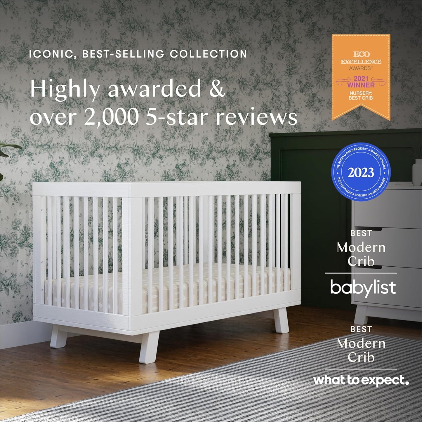 Babyletto Hudson 3-in-1 Convertible Baby Crib with Toddler Bed & Daybed Conversion - Easy to Assemble - GREENGUARD Gold Certified w/ 4 Adjustable Mattress Heights - White