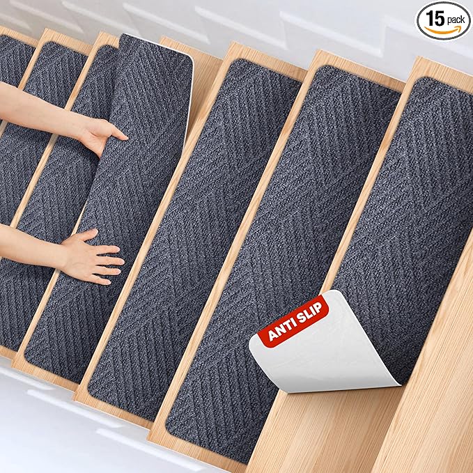 MBIGM 8 X 30inches, 15 in Pack, Non-Slip Carpet Stair Treads Non-Skid Safety Rug Slip Resistant Indoor Runner for Kids Elders and Pets with Reusable Adhesive, Dark Gray Weave