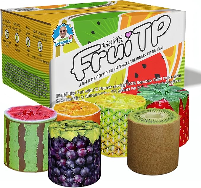Gaias Premium and Soft Fruit TP Organic Bamboo Toilet Paper | 36 Mega Rolls, 3 Ply, 370 Sheets | FSC Certified, PFAS & BPA Free, Eco-Friendly, Sustainable Tissue - Plastic Free, Septic Safe, Vegan