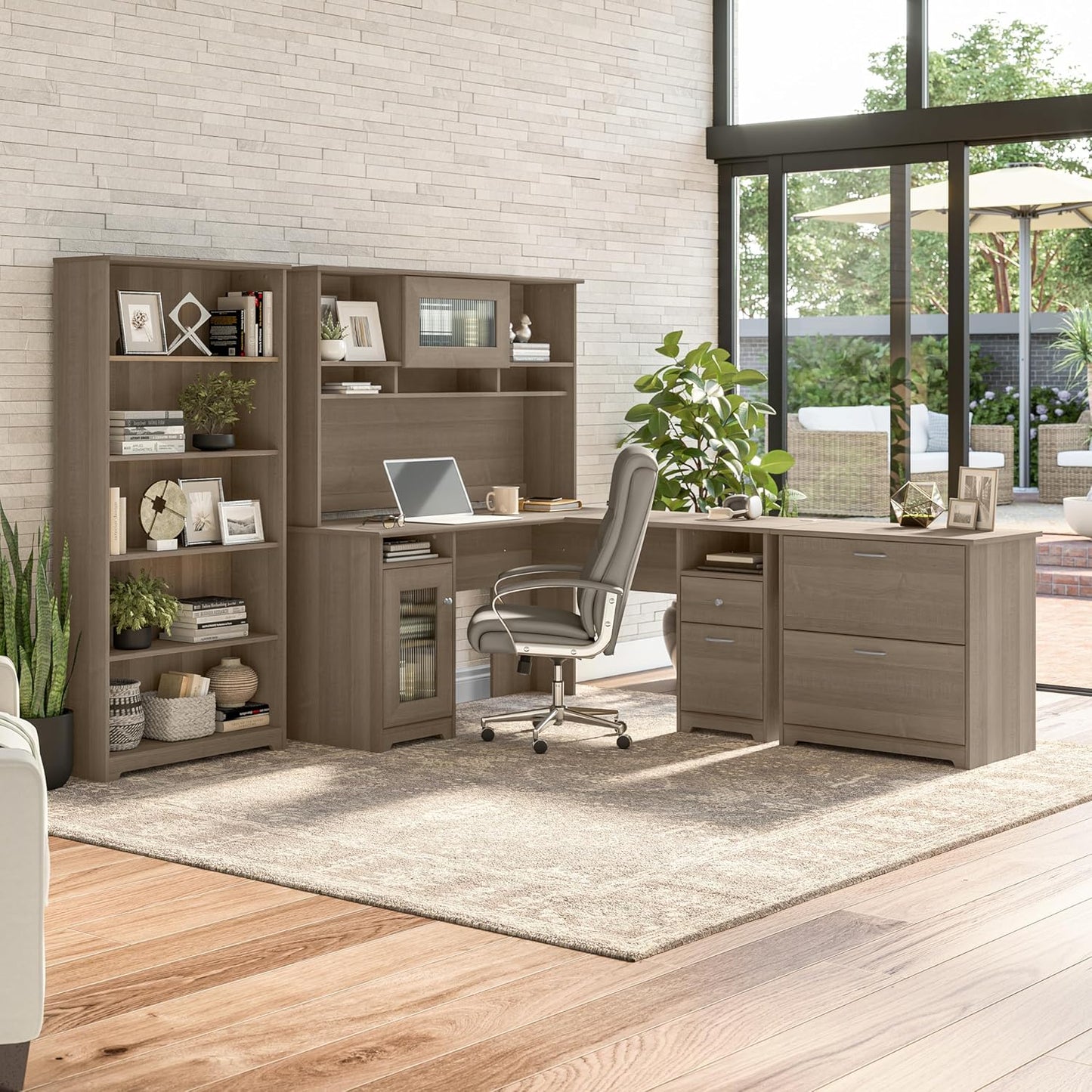 Bush Furniture Cabot L Shaped Computer Desk in Ash Gray | Corner Table with Drawers for Home Office