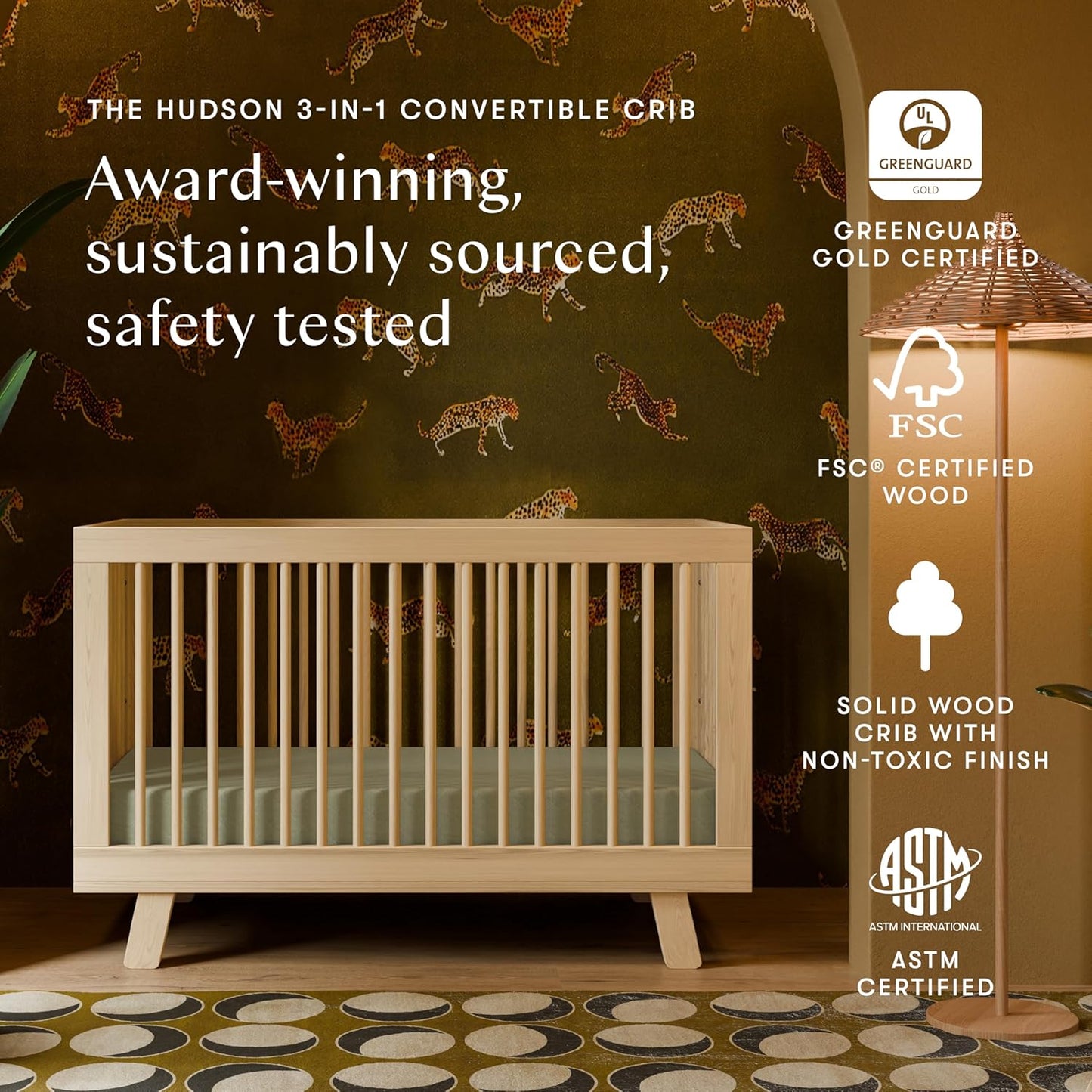 babyletto Hudson 3-in-1 Convertible Baby Crib with Toddler Bed & Daybed Conversion - Easy to Assemble - GREENGUARD Gold Certified w/ 4 Adjustable Mattress Heights - Natural