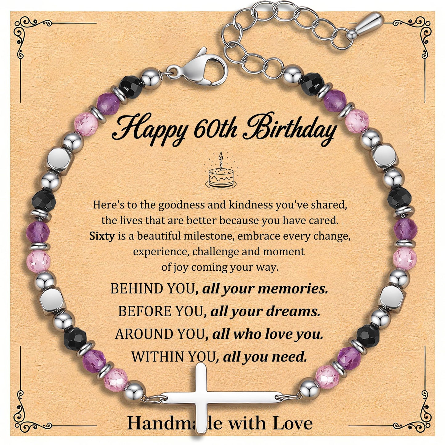 60th Birthday Gifts for Women, 60th Birthday Decorations, Dainty Christian Cross Bracelet – Adjustable Anxiety Relief Friendship Jewelry for Friend, Sister, Mom