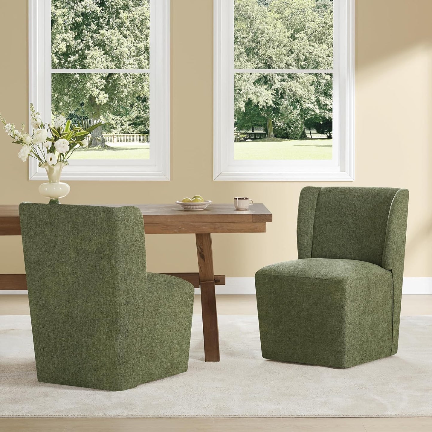 Upholstered Dining Chair with Casters Wingback Modern Side Armless Deskchair with Rollers for Diningroom Bedroom Livingroom Reading Room,Green,2 Box