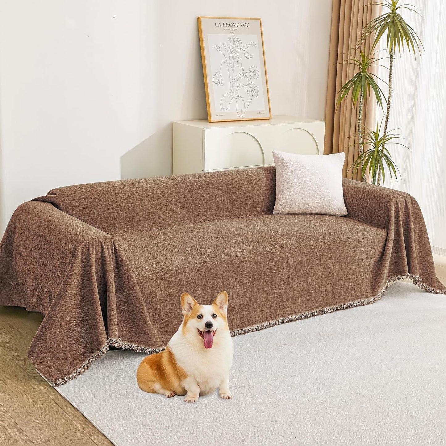 MYSKY HOME Couch Covers for 3 Cushion Couch Sofa, Sectional Couch Cover L Shape Chenille Couch Cushion Covers for Pets, Furniture Protector Cover for Dogs, Kids, 91"X150", Camel