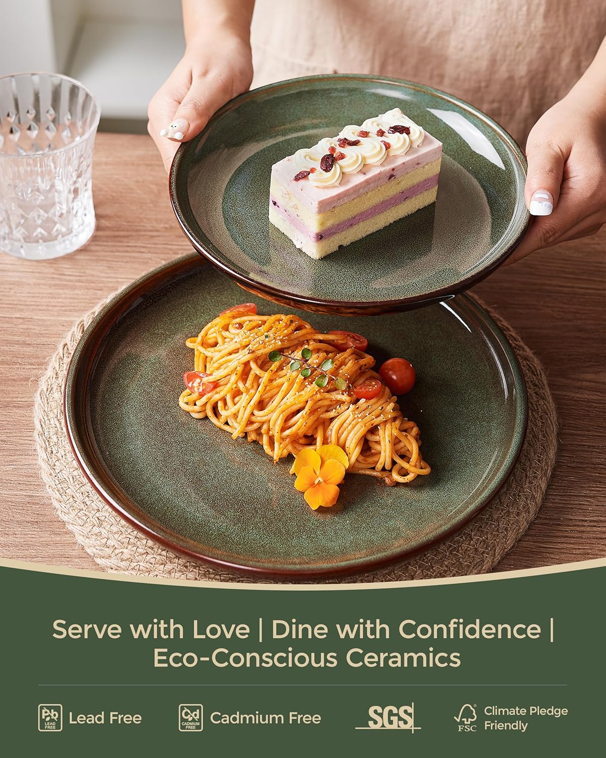 Stoneware Dinnerware Sets for 6, 18 Pieces Ceramic Plates and Bowls Sets, Chip and Scratch Resistant Dish Set, Dishwasher & Microwave Safe Plate Set, Brown Green