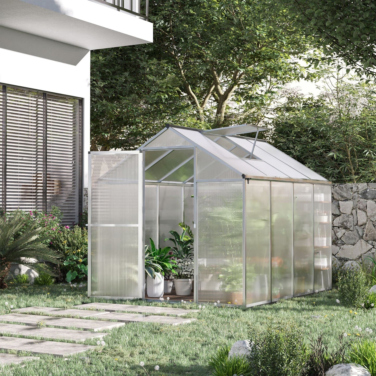 Outsunny 8' x 6' Greenhouse for Outdoors, Polycarbonate Greenhouse with Rain Gutter and Roof Vent, Aluminum Walk-in Green Houses for Outside Patio Backyard Garden