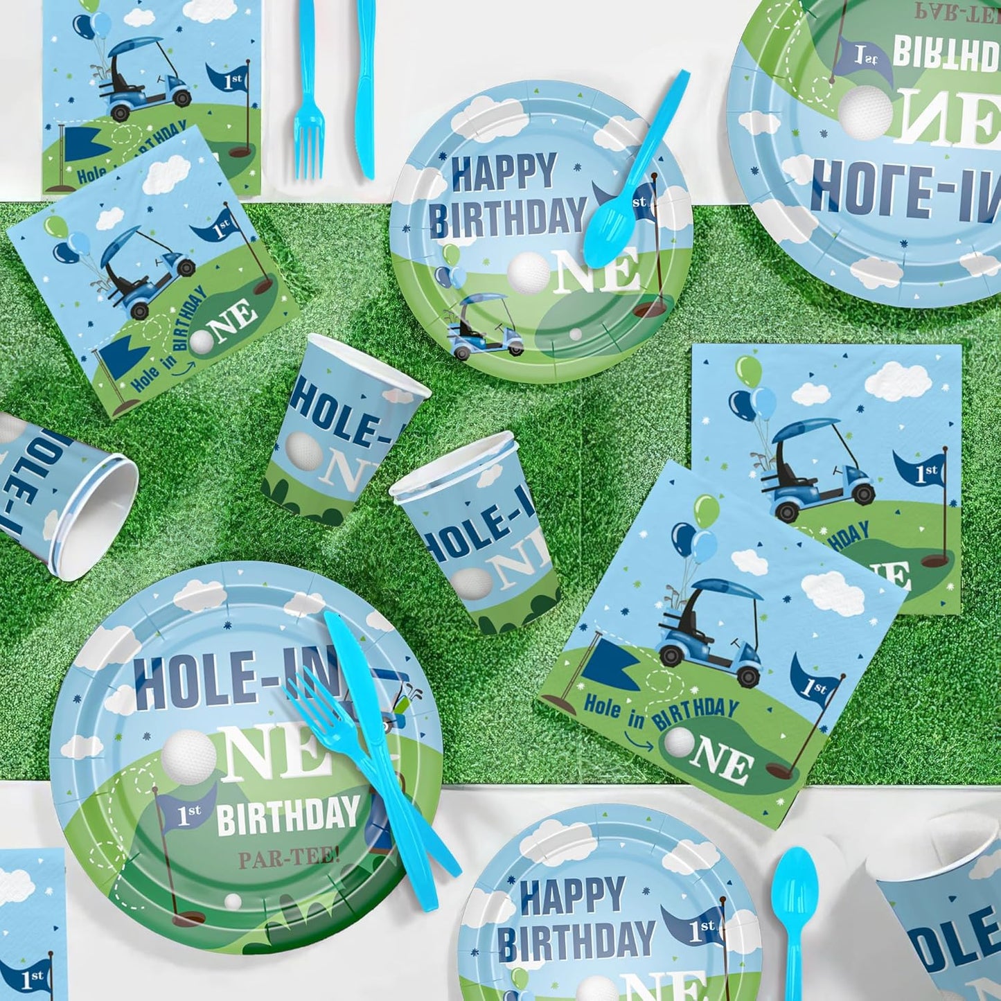 Xigejob Golf First Birthday Plates And Napkins Party Supplies - Golf Hole In One Birthday Decorations Tableware, Paper Plate, Cup, Napkin, Cutlery, Kids 1st Table Decorations | Serve 24