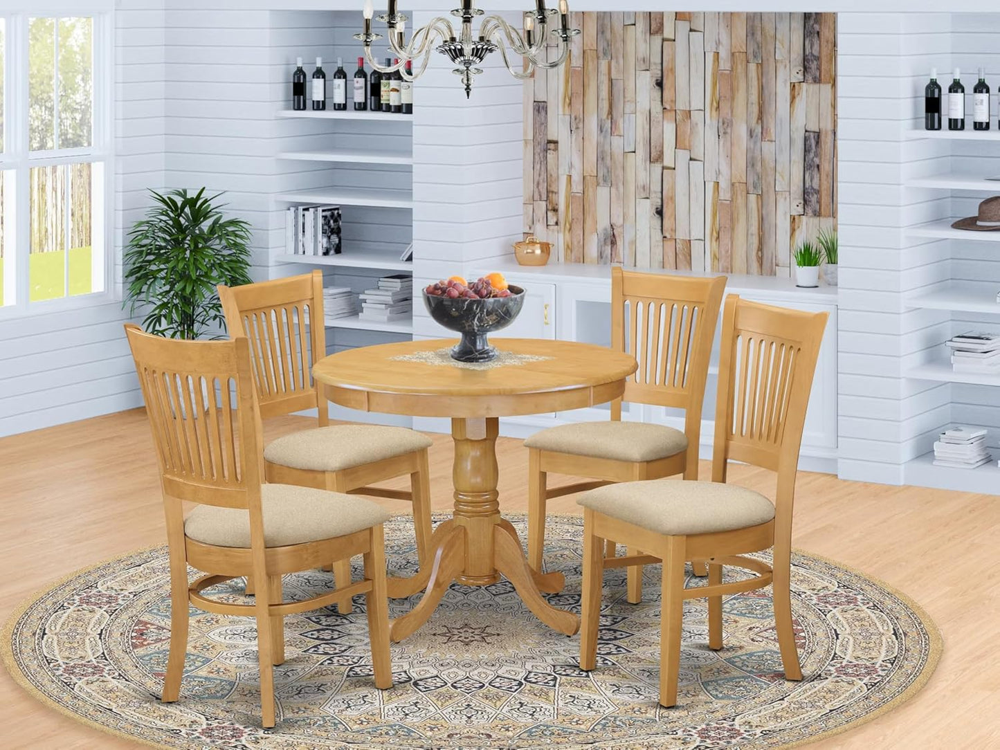 East West Furniture ANVA5-OAK-C 5 Piece Dining Room Furniture Set Includes a Round Dining Table with Pedestal and 4 Linen Fabric Upholstered Chairs, 36x36 Inch, Oak