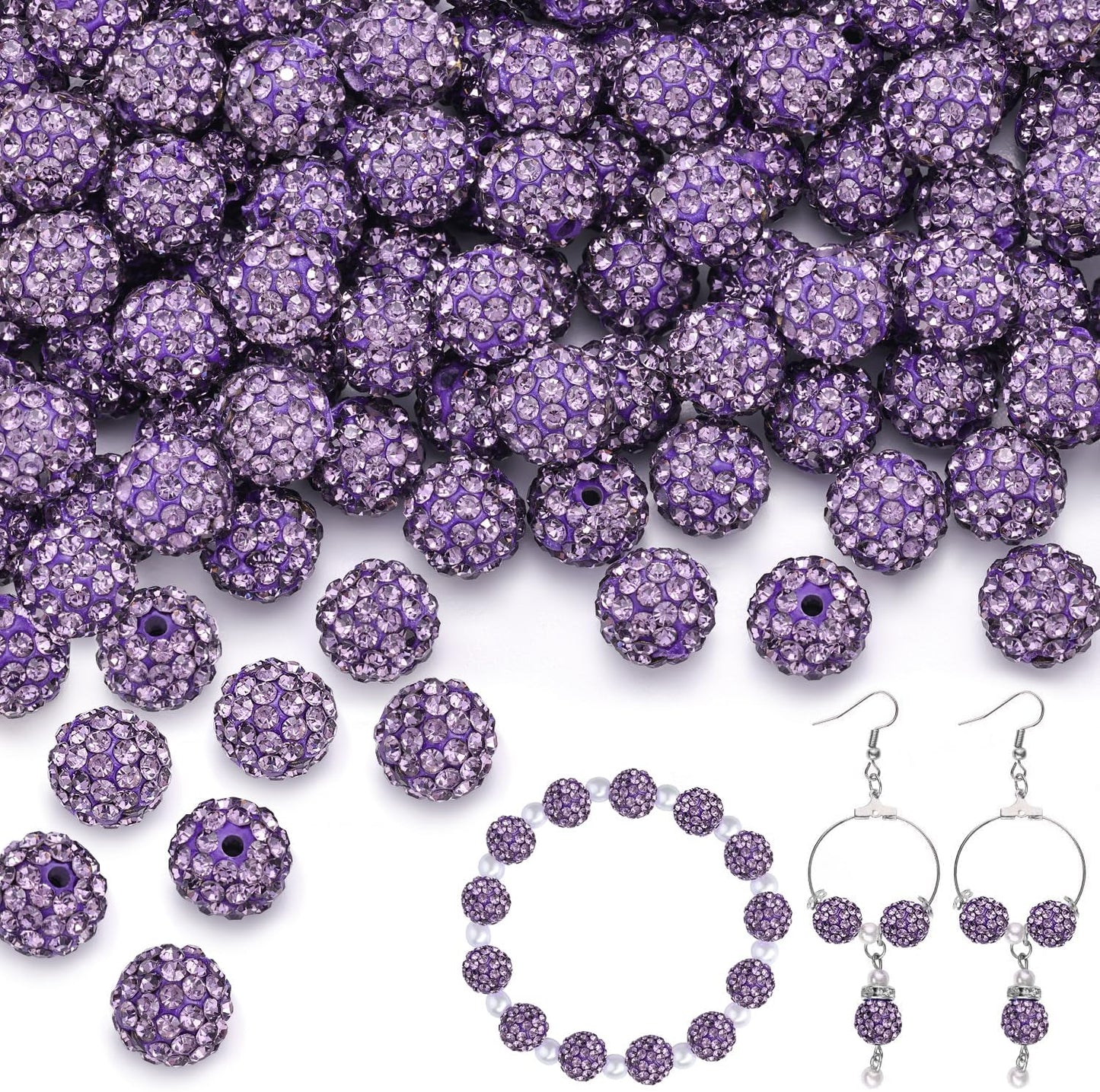 200pcs 10mm Purple Rhinestone Beads for Jewelry Making, Shiny Round Shamballa Disco Ball Beads Bulk, Sparkle Crystal Clay Christmas for Bracelet Baseball Necklace Earring Crafting and DIY
