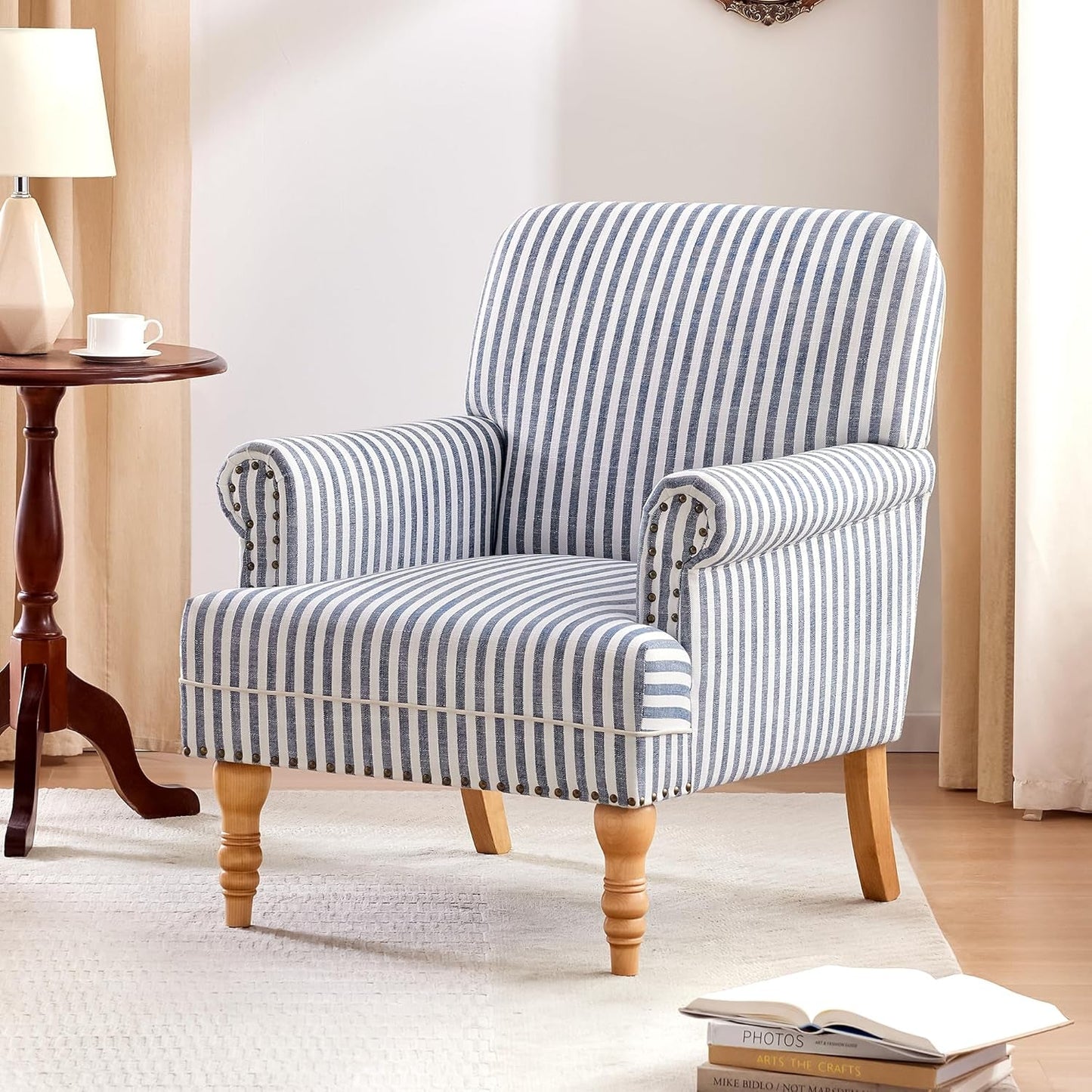 Linen Fabric Accent Chair, Mid-Century Modern Armchair with Solid Wood Legs, Single Sofa Chair,Upholstered Reading Club Chair (1, Dark Blue and White Stripe)
