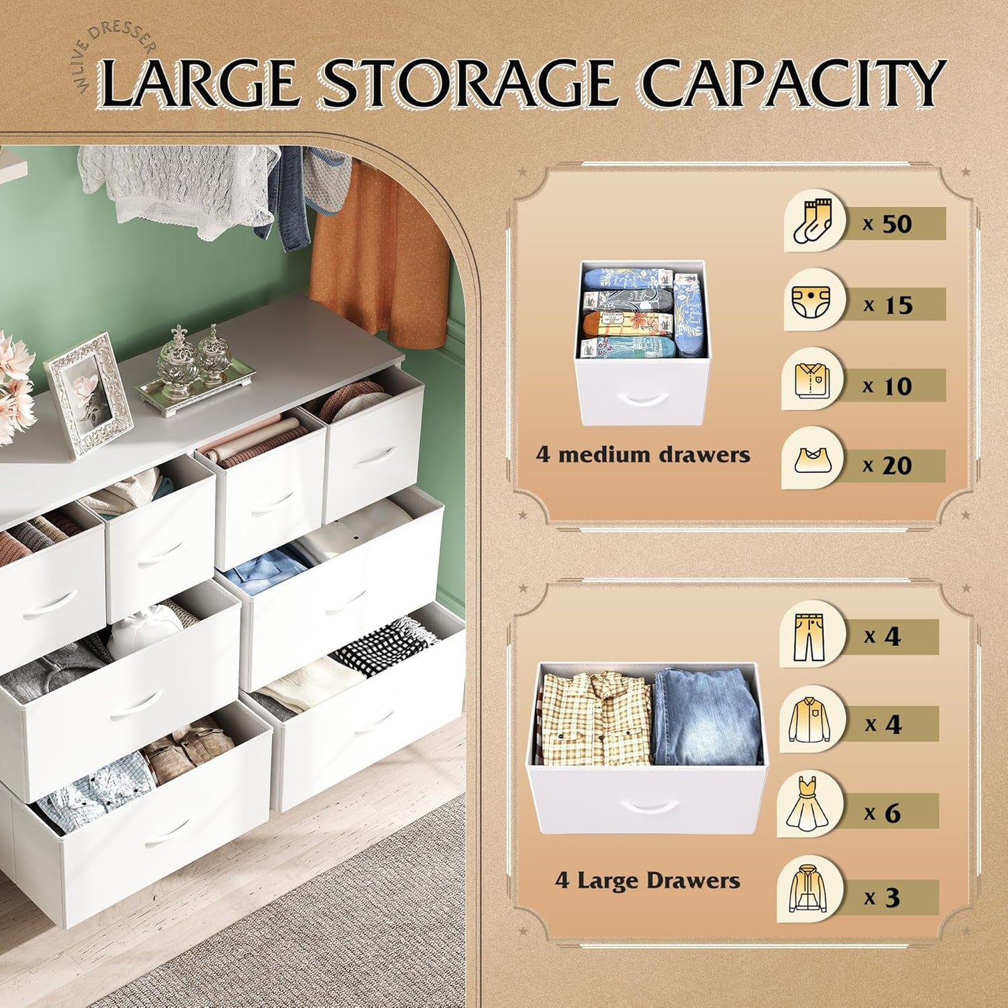 WLIVE Dresser for Bedroom with 8 Drawers, Wide Fabric Dresser for Storage and Organization, Bedroom Dressers, Chest of Drawers for Living Room, Closet, Hallway, White