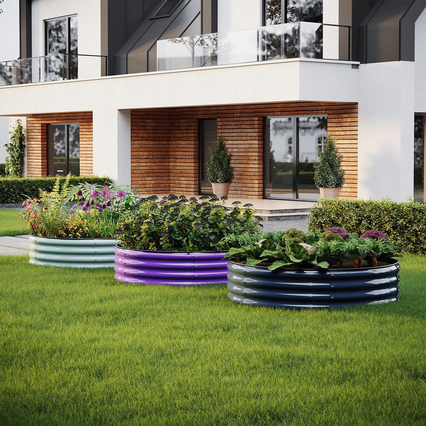 ZFHgarden Galvanized Metal Planter Round Raised Garden Bed Kit for Gardening Outdoor，2x2x1ft Grow Garden Box Raised Flower Bed，Round Galvanized Planter Outdoor Metal Fire Pit Ring