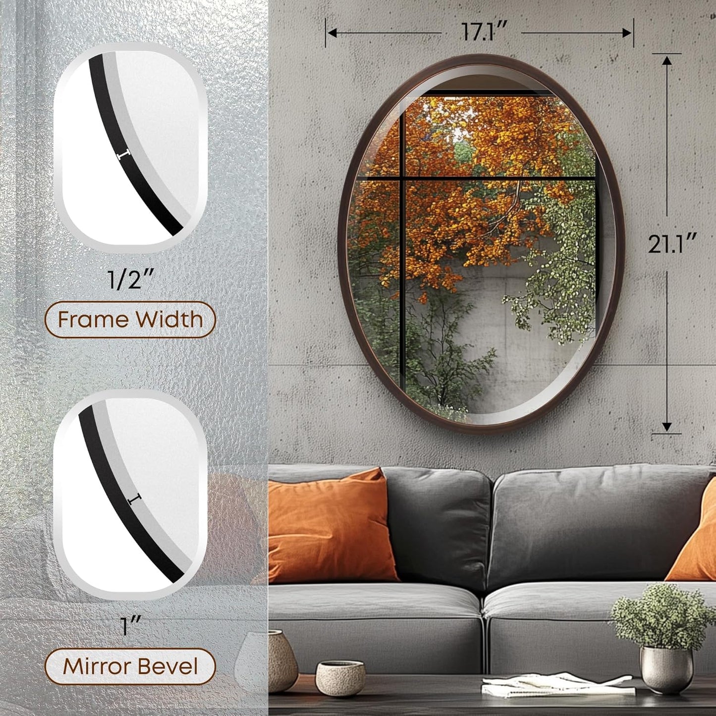 OVALCREST - Oval Wooden Beveled Wall Mirror for Home Decor, Bathroom, Vanity, Bedroom, Living Room, Hallway - London Style (Rubbed Bronze) 17.1 x 21.1