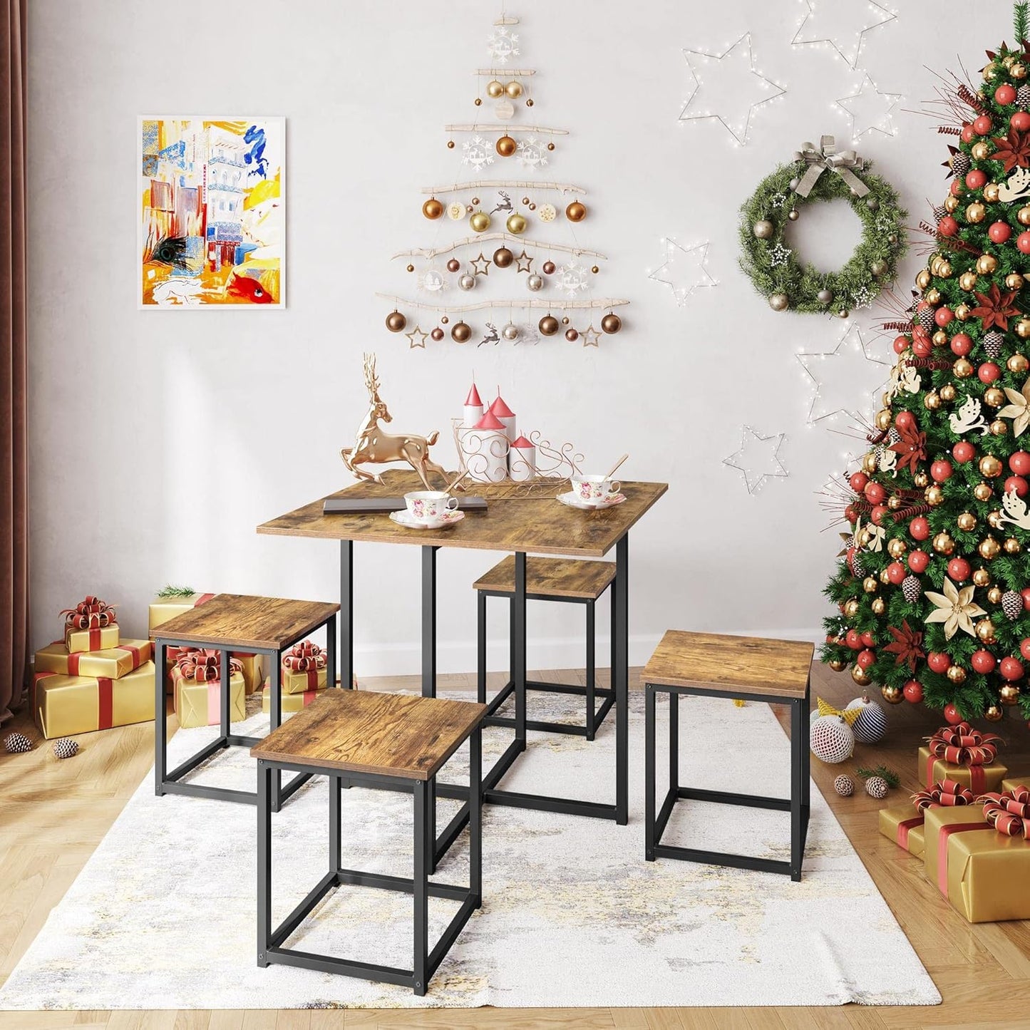 Yaheetech Industrial Dining Table Set for 4 Compact Kitchen Table and 4 Stools Space Saving Home Furniture for Small Space, Rustic Brown