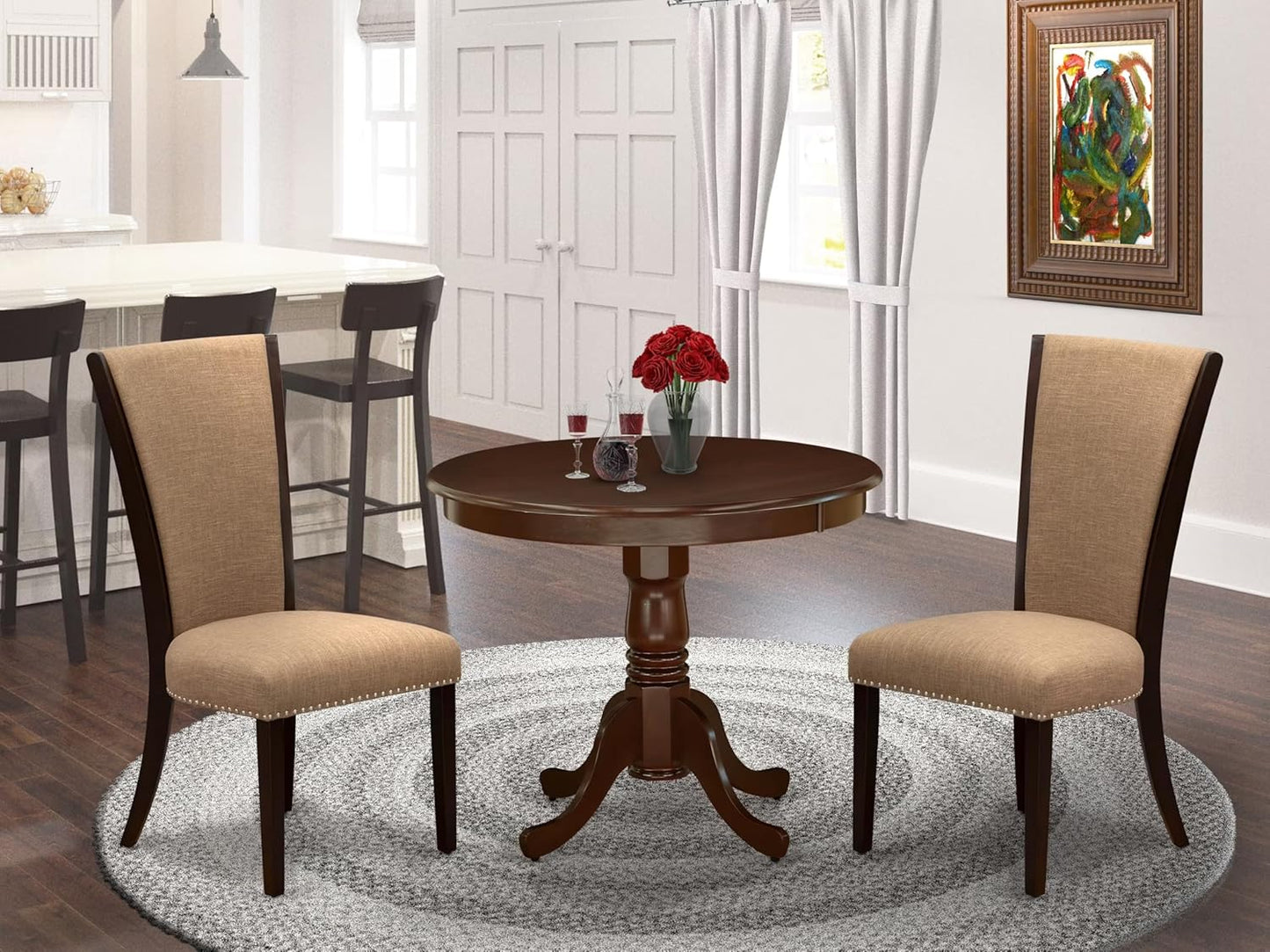 East West Furniture ANVE3-MAH-47 3 Piece Dining Table Set for Small Spaces Contains a Round Kitchen Table with Pedestal and 2 Light Sable Linen Fabric Parson Chairs, 36x36 Inch, Linen White