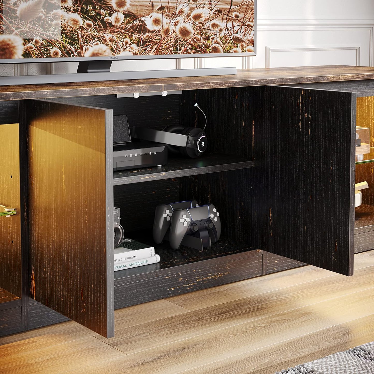 Bestier 70 Inch Led TV Stand for 75 Inch TV Large Entertainment Center Gaming with Adjustable Glass Shelves Two Cabinets Modern TV Console for Living Room 22 RGB Modes, Golden Black