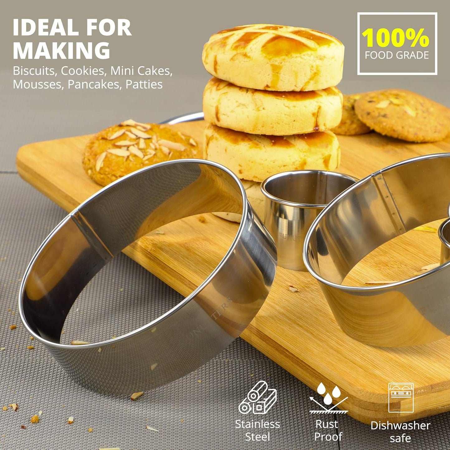 Cookie Cutter Set, 4 Pc. Kit, Measuring 1.5'', 2.5'', 3.5'', and 4.5'', Round Metal Baking Rings for Pastry, Biscuits, and Dough Cutting, Heavy Duty and Reusable, Multiple Sizes