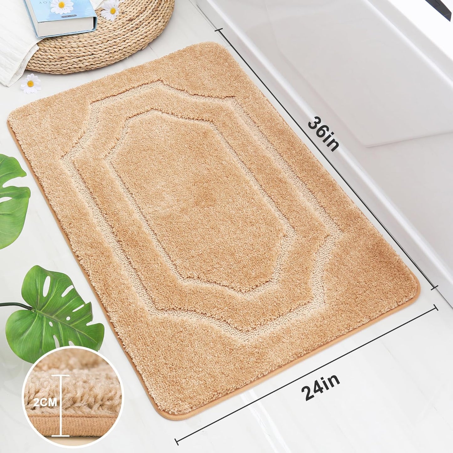 BEQHAUSE Bathroom Rug Non-Slip Bath Mat Soft and Absorbent Shower Mat Polyester Microfiber Machine Washable Bathroom Rugs Beige 24"x36"