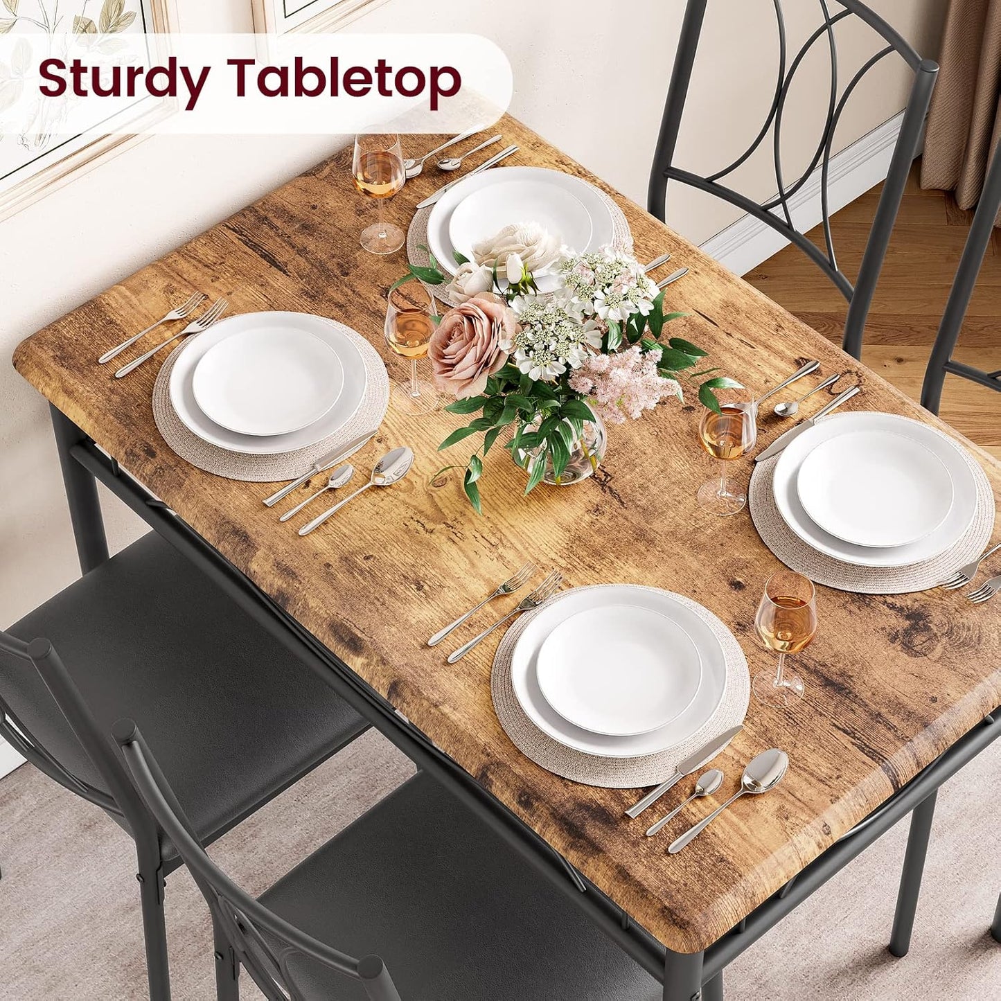 IDEALHOUSE Dining Table Set for 4, 5 Piece Dining Table Set with 4 Upholstered Chairs, Rectangular Dining Room Table Set of 4 for Small Space, Apartment, Retro Brown