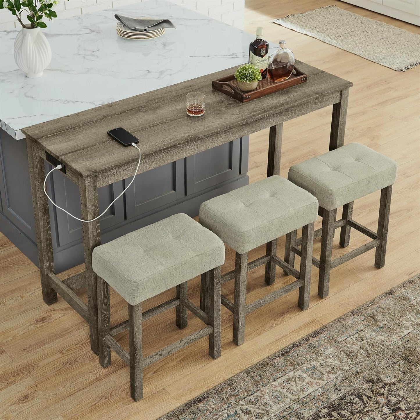 Ball & Cast 4 Piece Kitchen Dining Room Table and Chairs Set, Farmhouse Wooden Counter Height Bar-Sets w/USB Ports & Power Outlet & 3pcs Stools, 59" Sofa-Table Barstool w/Charging Station, Brown