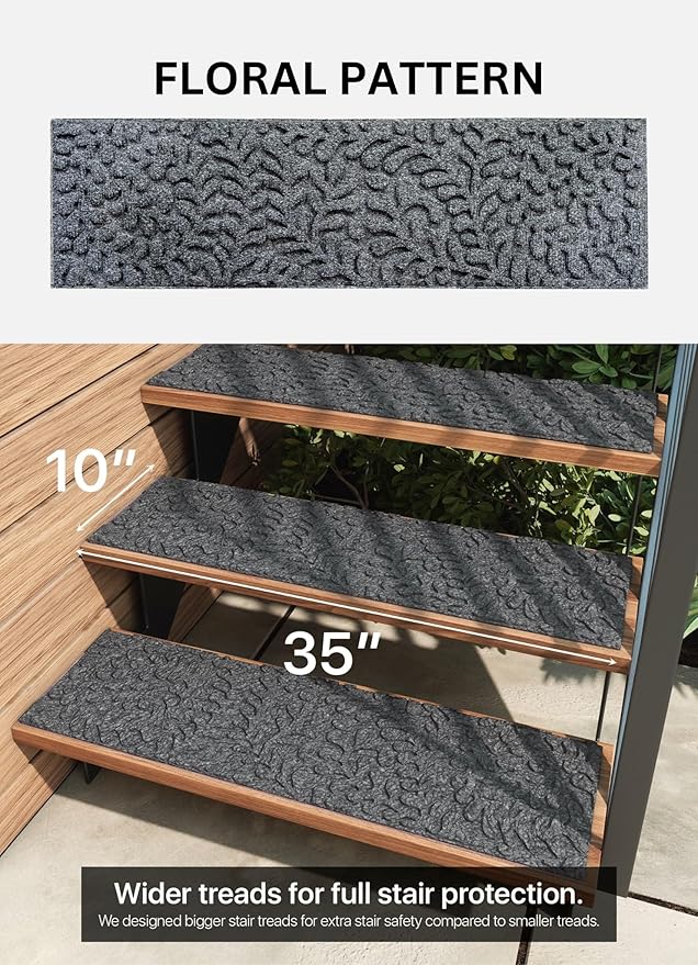 Outdoor Stair Treads Non-Slip 35”x10” (6-Pack) – Carpet Treads with Rubber Backing Floral Grey