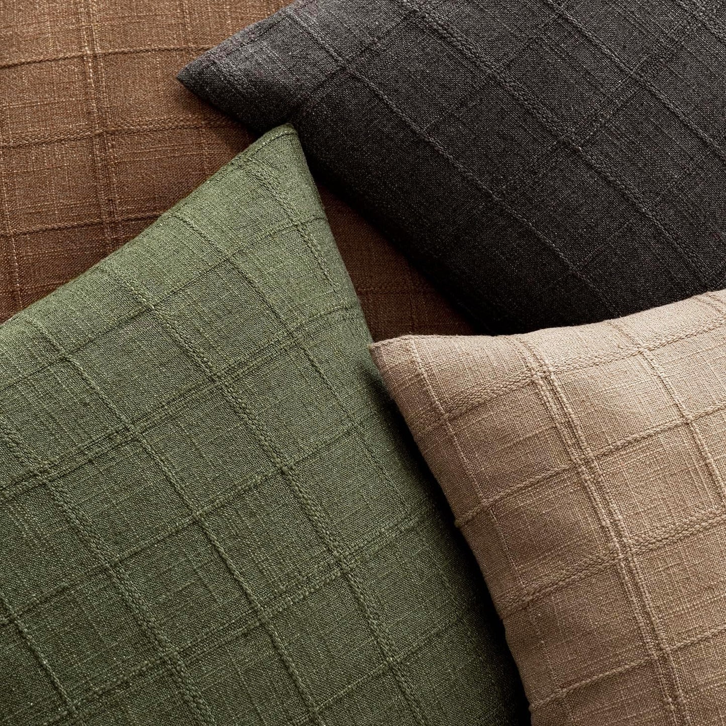 Foindtower Set of 2 Decorative Linen Check Throw Pillow Covers Neutral Farmhouse Vintage Cushion Covers Modern Boho Home Decor for Sofa Chair Couch Bedroom Living Room Outdoor,22×22 Inch,Brown Hazel