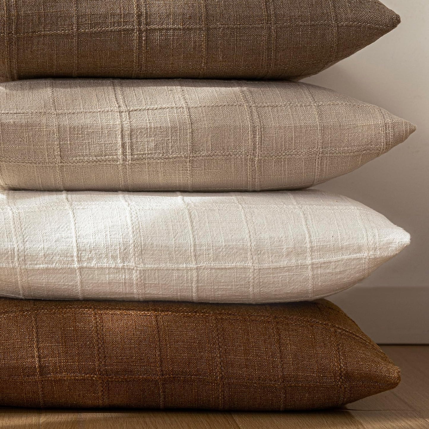 Foindtower Set of 2 Decorative Linen Check Throw Pillow Covers Neutral Farmhouse Vintage Cushion Covers Modern Boho Home Decor for Sofa Chair Couch Bedroom Living Room Outdoor,16×16 Inch,Cream White
