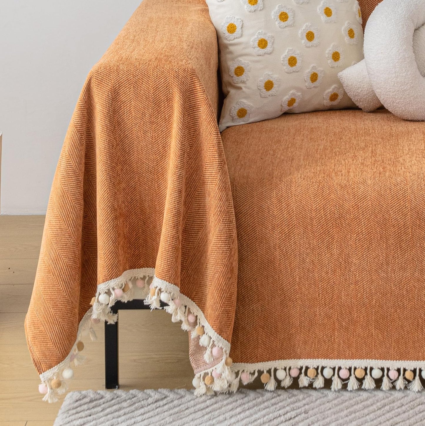 HANDONTIME Dark Orange Sofa Covers Couch Cover for Dogs Colorful Tassel Sofa Seat Cover Lovetseat Covers Pet Couch Cover Bohemian Sofa Cover for Couch Vintage Boho Couch Covers Futon Cover, 71" X134"