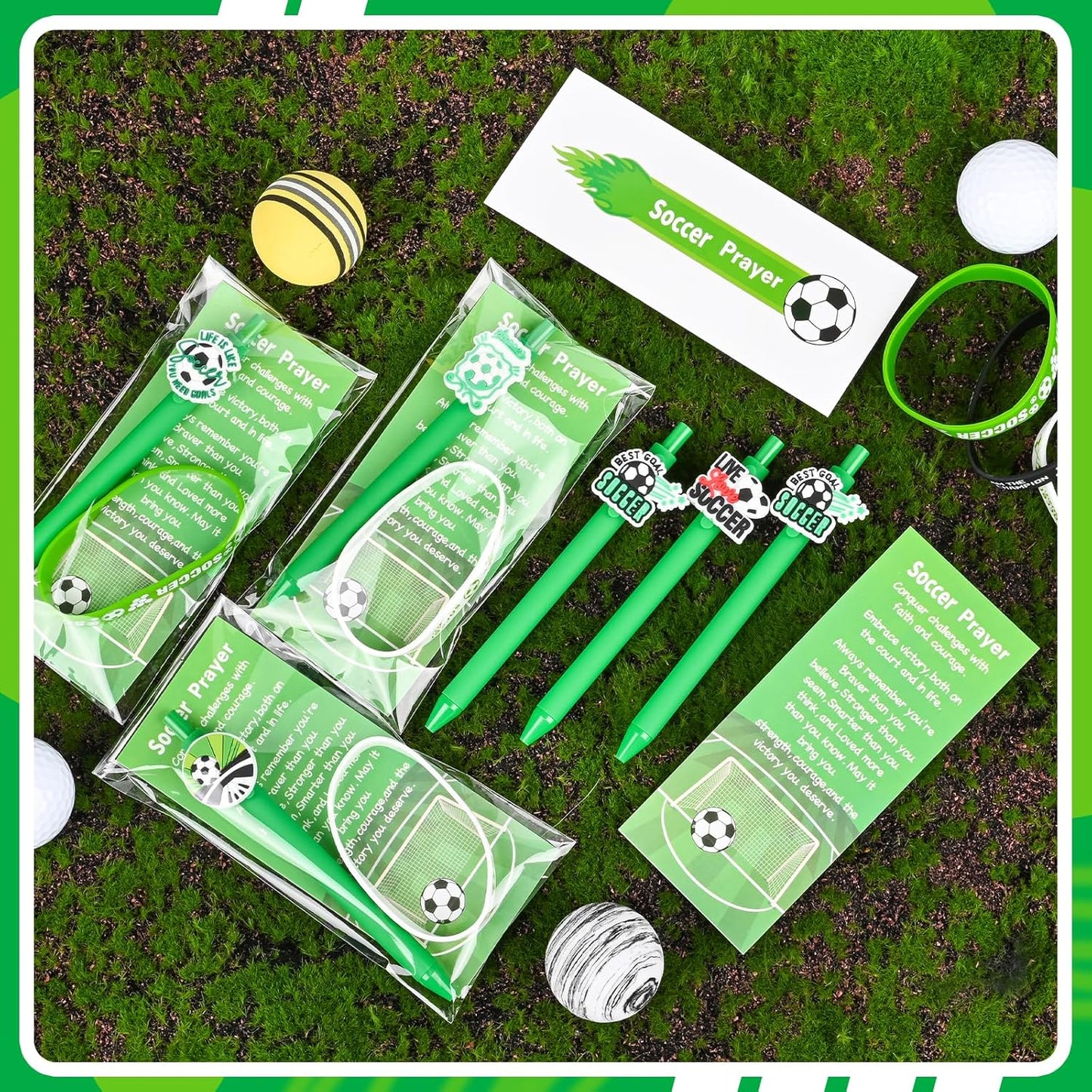 LiYiQ 72 Pcs Soccer Party Favors Soccer Team Gifts Soccer Goodie Bags Stuffers Soccer Ballpoint Pens Bookmark Card and Silicone Bracelet